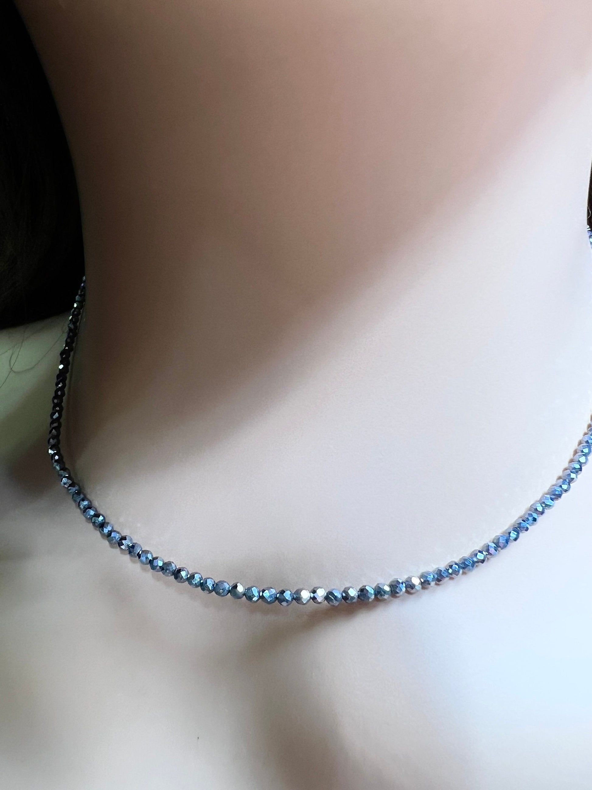 Genuine Terahertz Necklace Faceted 2mm Round Diamond Cut Choker Minimalist, prom, graduation,Layering Necklace healing gemstone