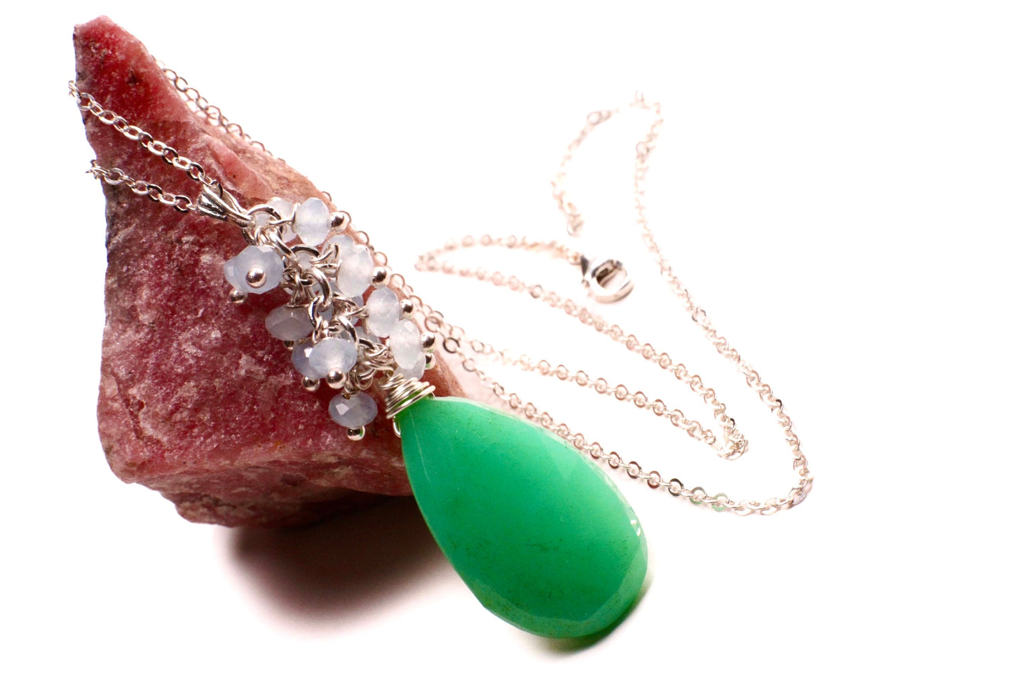 Natural Chrysoprase large Teardrop 16x26mm dangling with Aquamarine clusters 925 Sterling Silver elegant necklace. Rare one of a kind drop