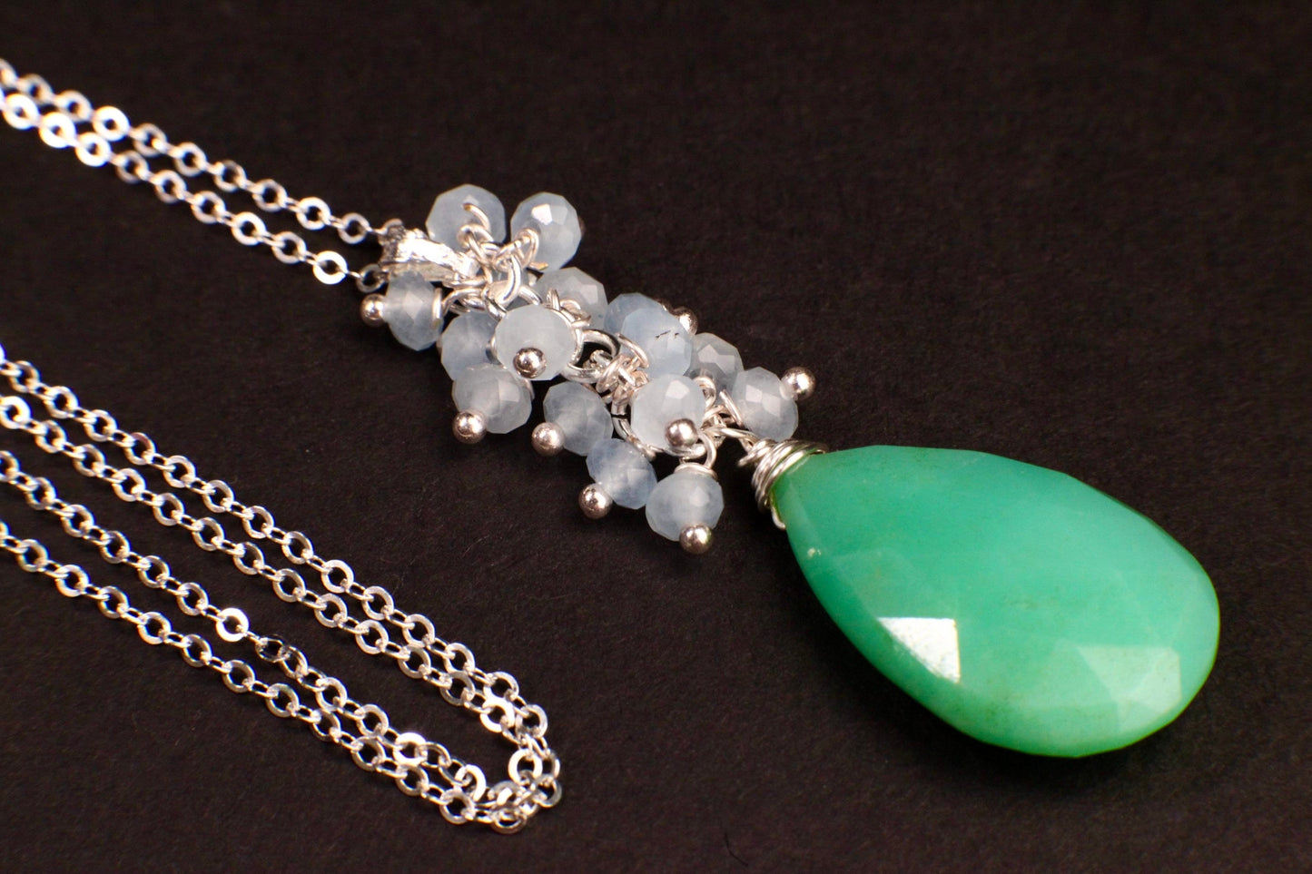 Natural Chrysoprase large Teardrop 16x26mm dangling with Aquamarine clusters 925 Sterling Silver elegant necklace. Rare one of a kind drop