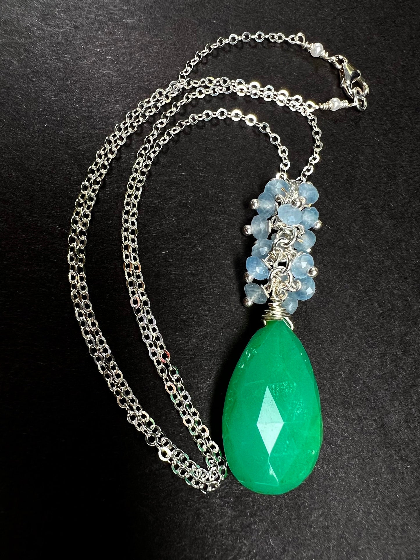 Natural Chrysoprase large Teardrop 16x26mm dangling with Aquamarine clusters 925 Sterling Silver elegant necklace. Rare one of a kind drop