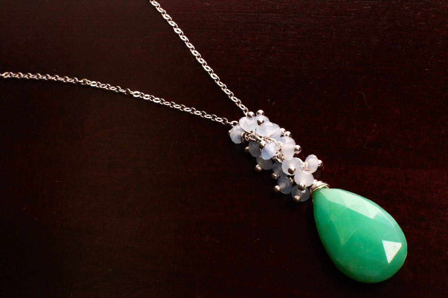 Natural Chrysoprase large Teardrop 16x26mm dangling with Aquamarine clusters 925 Sterling Silver elegant necklace. Rare one of a kind drop