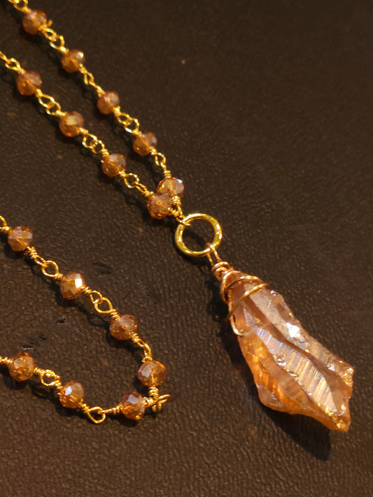 Natural Citrine Raw Druzy Gold with matching Crystal Wire Wrapped Chain Necklace