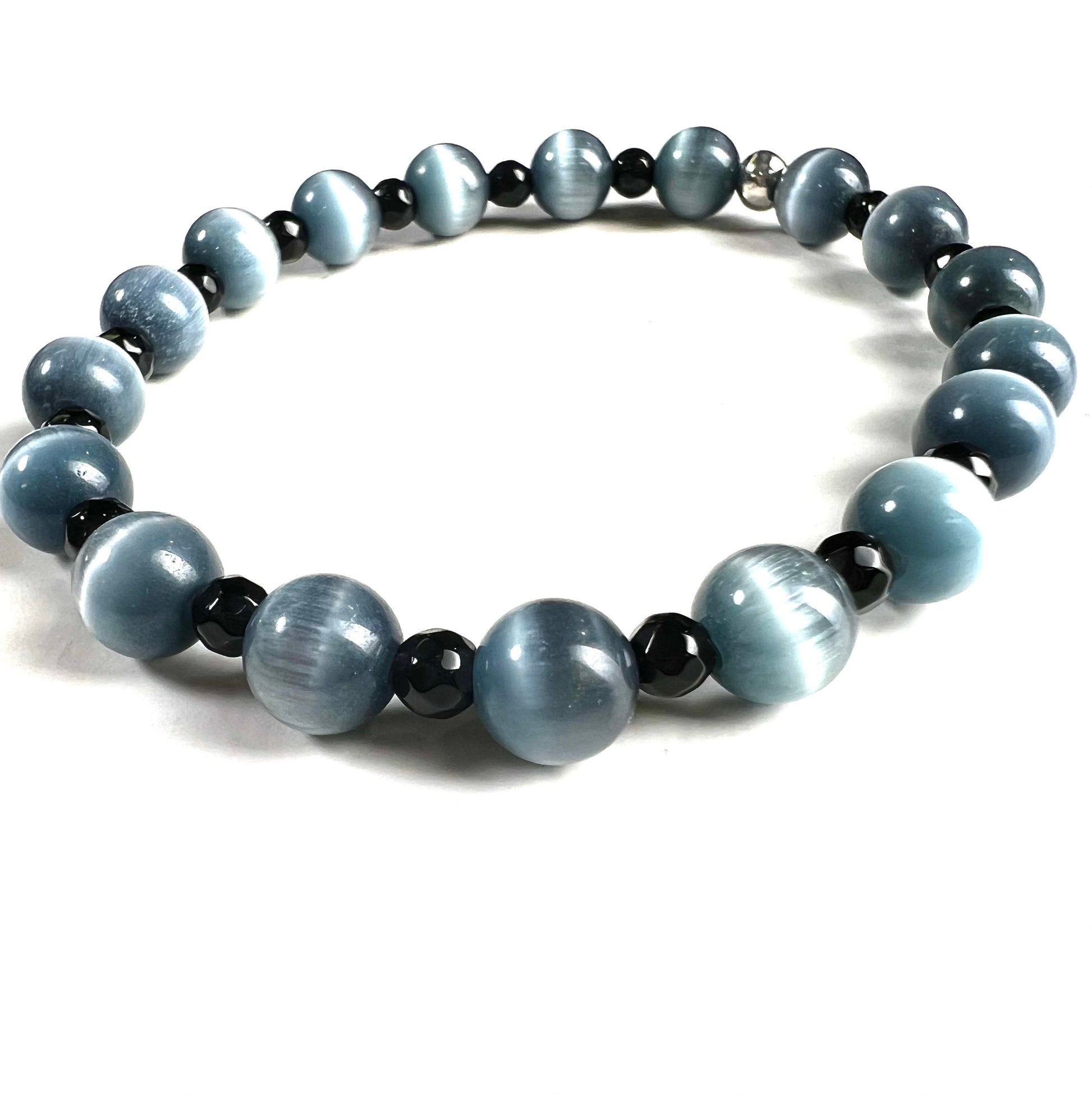 Black Cat's Eye 8mm round black onyx spacer bead stretchy bracelet. Beautiful Beach Boho summer gift for Men and women