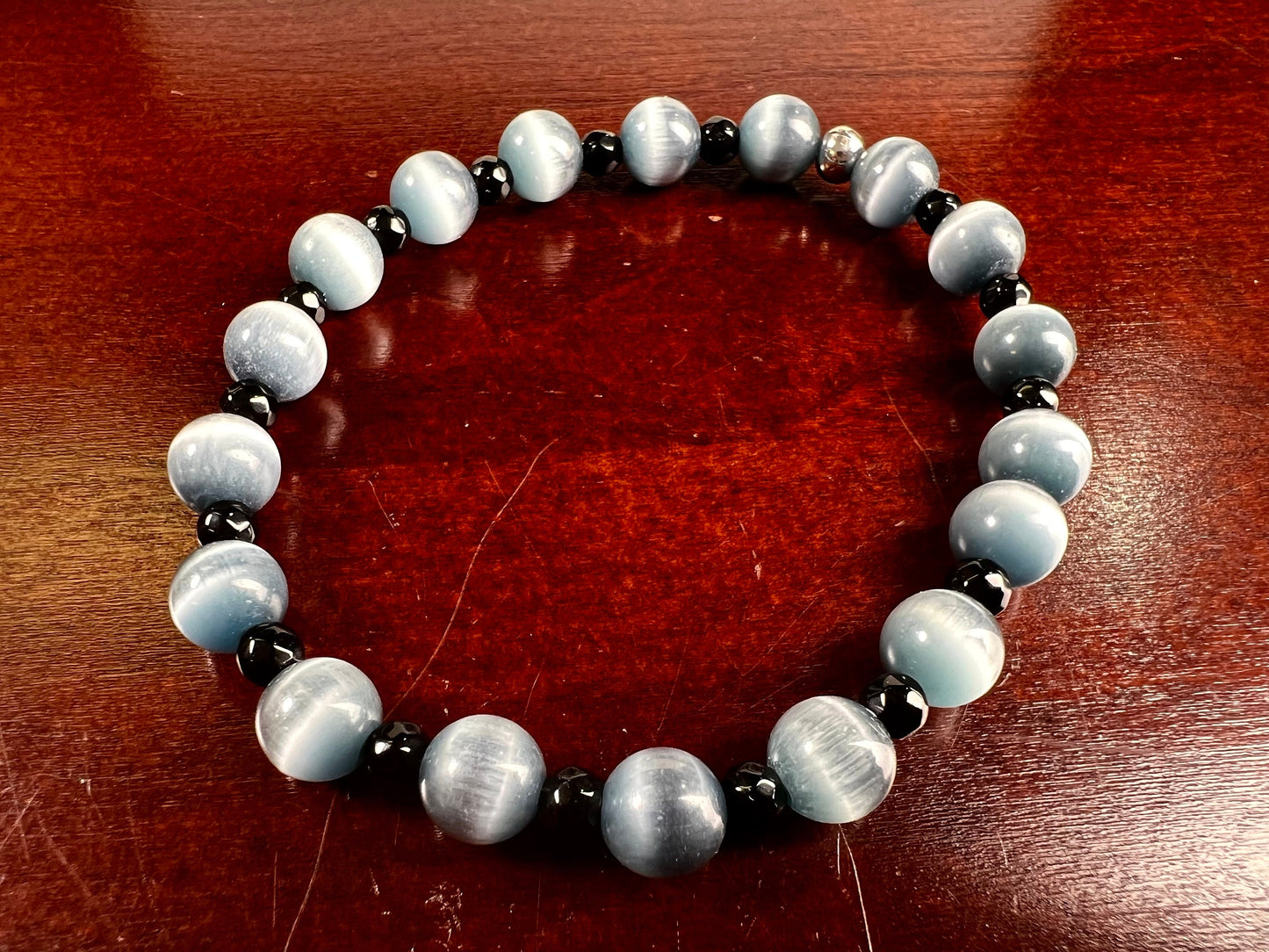 Black Cat's Eye 8mm round black onyx spacer bead stretchy bracelet. Beautiful Beach Boho summer gift for Men and women