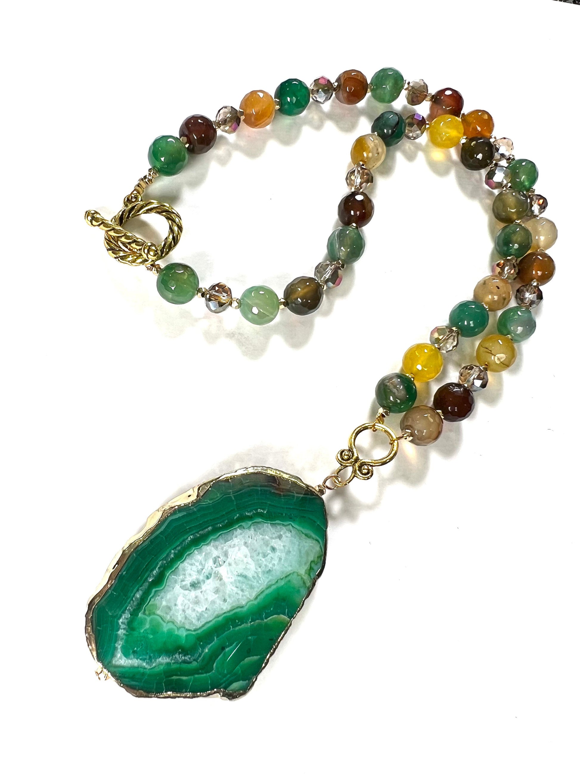 Natural Fire Agate 8mm round and natural green fire agate gold hazel chunk pendant 21" Necklace. Antique gold toggle, Yellow green necklace
