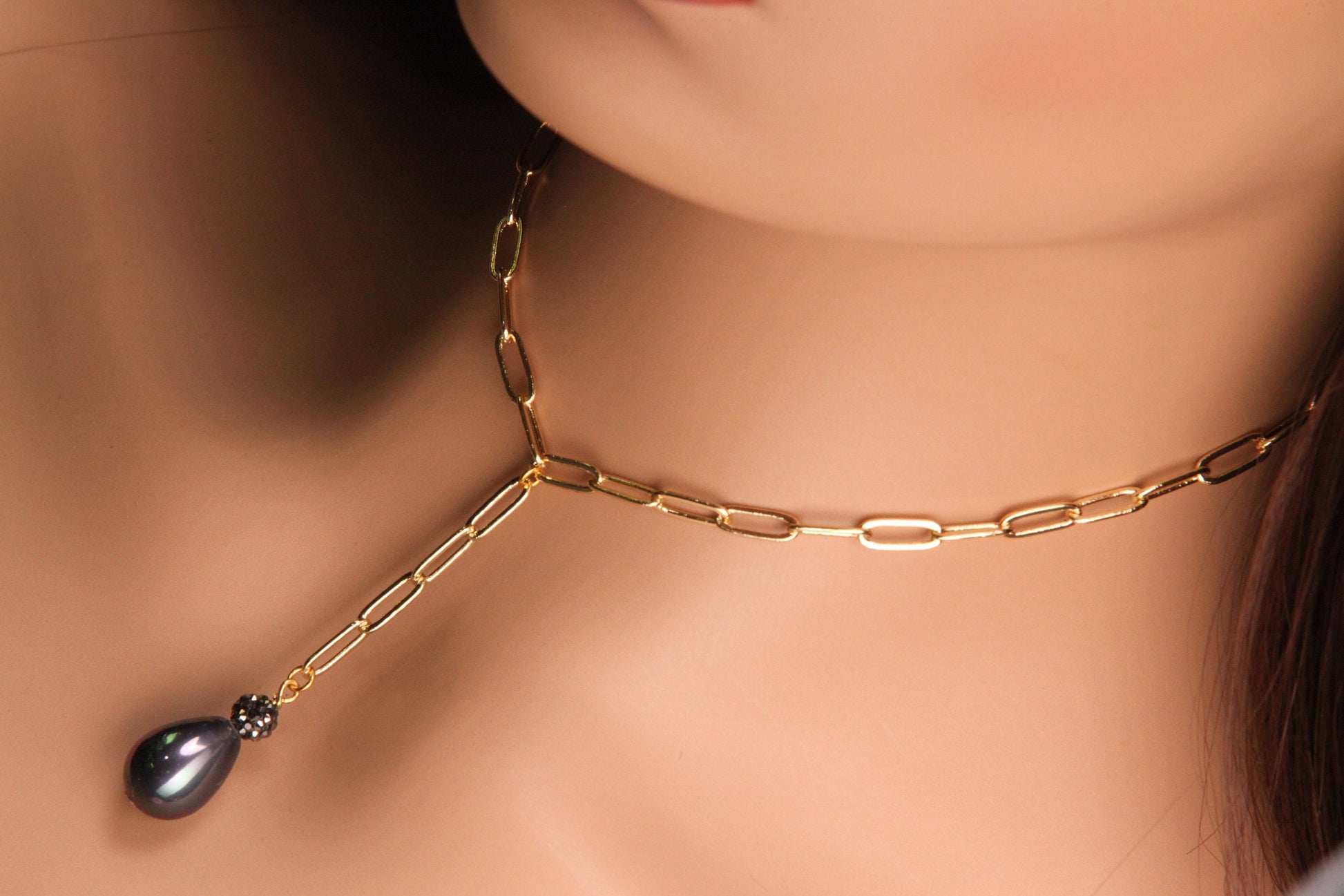 Gold Paperclip Chain Y Necklace dangling Black South Seashell Pearl Drop Necklace 22K Gold Electroplated Anti Tarnish