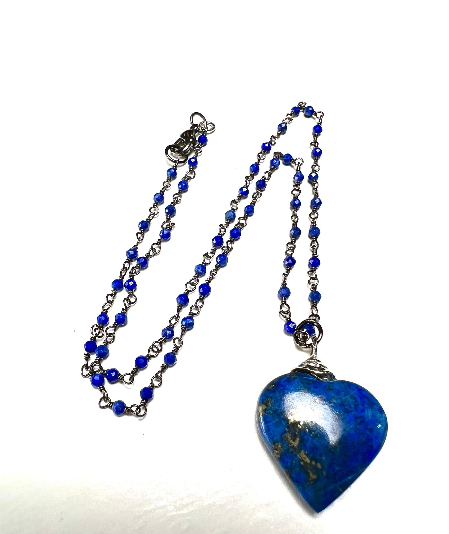 Natural Lapis Lazuli 3mm Faceted Chain, Dangling 21mm lapis Lazuli heart black oxidized Elegant simple Necklace, gift
