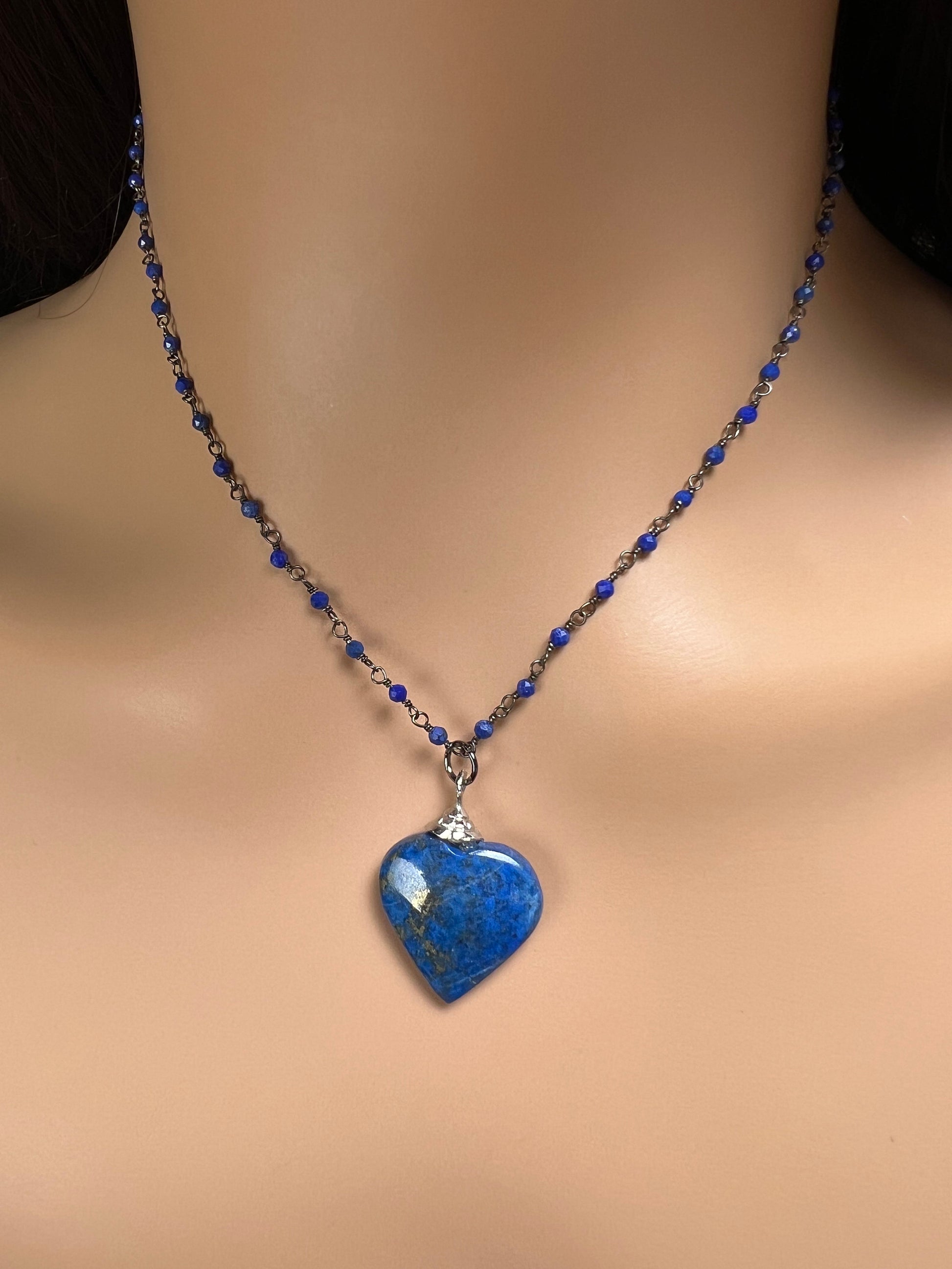 Natural Lapis Lazuli 3mm Faceted Chain, Dangling 21mm lapis Lazuli heart black oxidized Elegant simple Necklace, gift