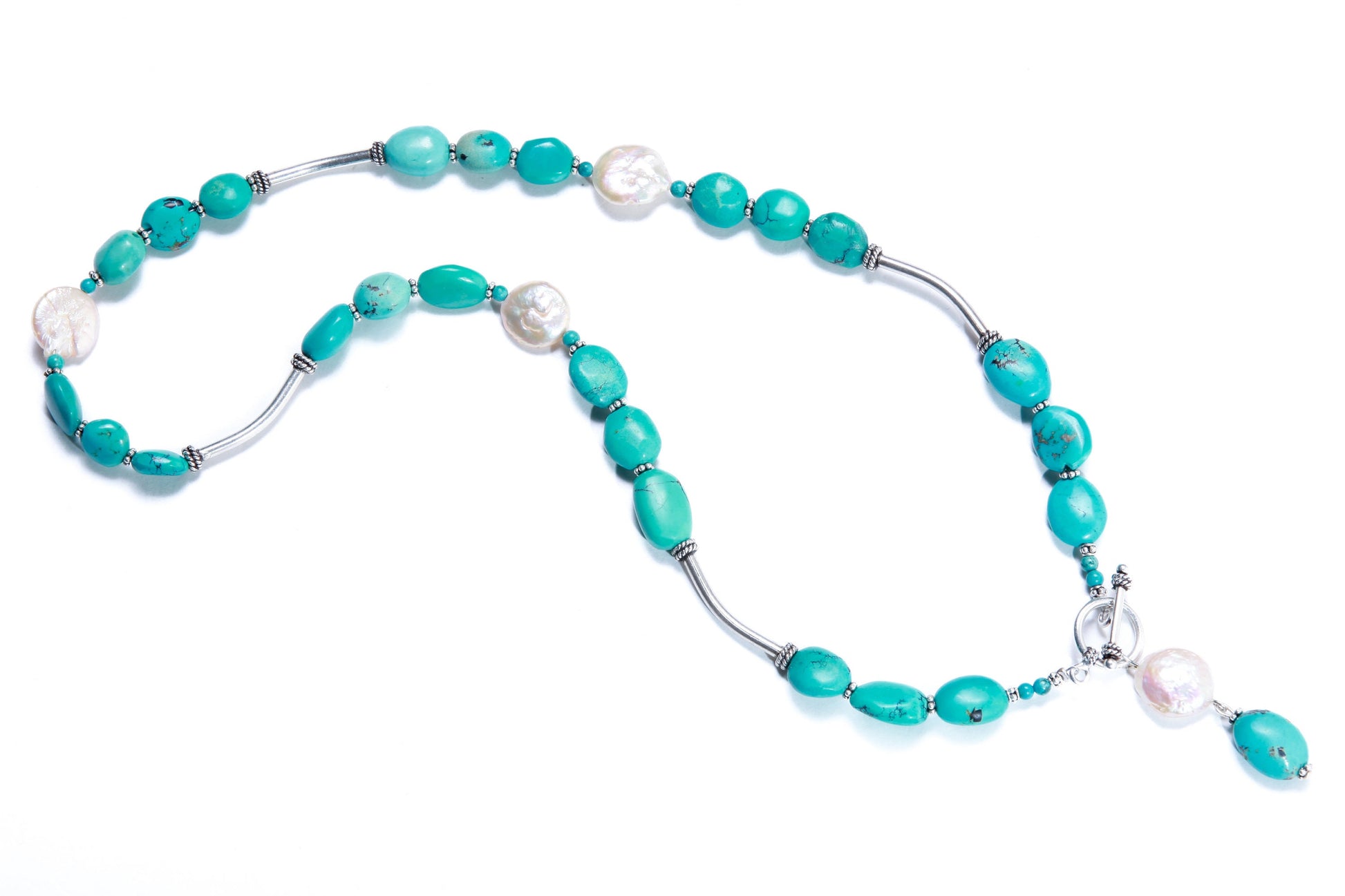 Natural Arizona Turquoise Free Form Pebble Nugget, Freshwater Pearl Coin Pearl, Bali Sterling Silver Tube, Spacer, Toggle Clasp 20" Necklace