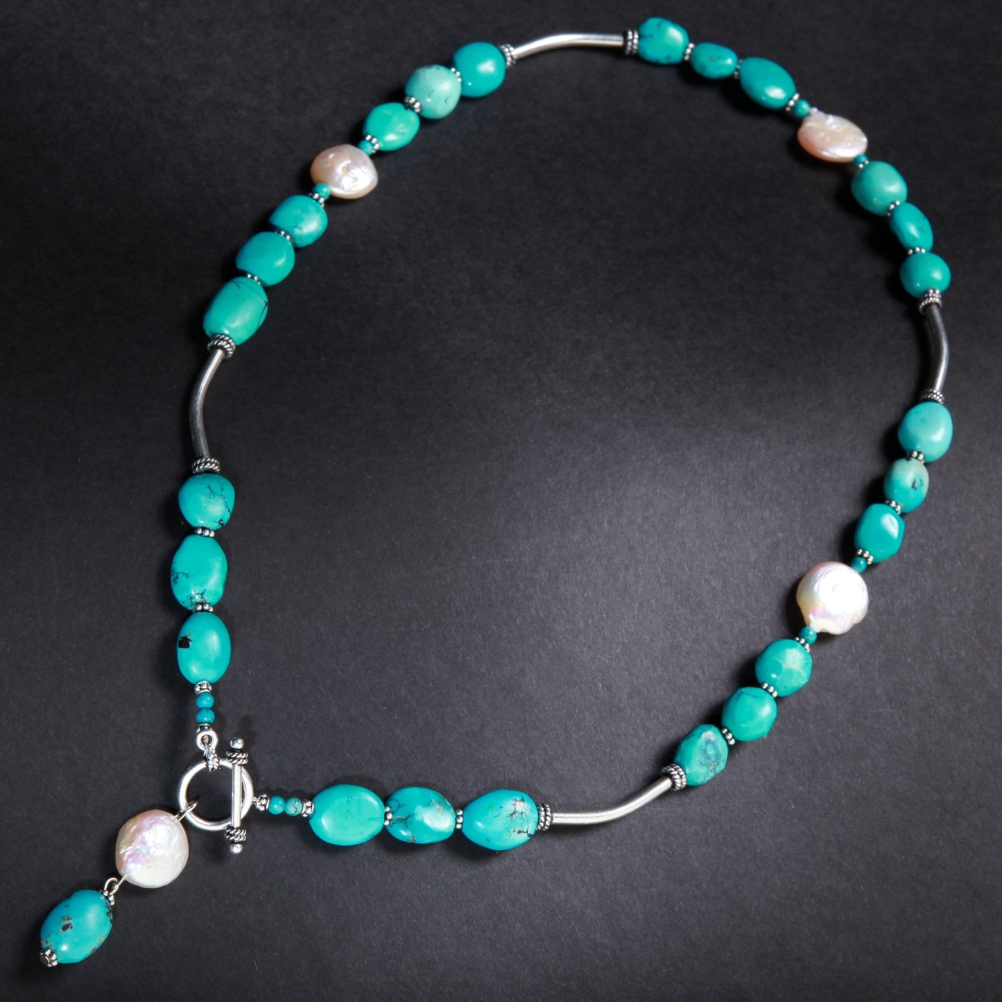 Natural Arizona Turquoise Free Form Pebble Nugget, Freshwater Pearl Coin Pearl, Bali Sterling Silver Tube, Spacer, Toggle Clasp 20" Necklace