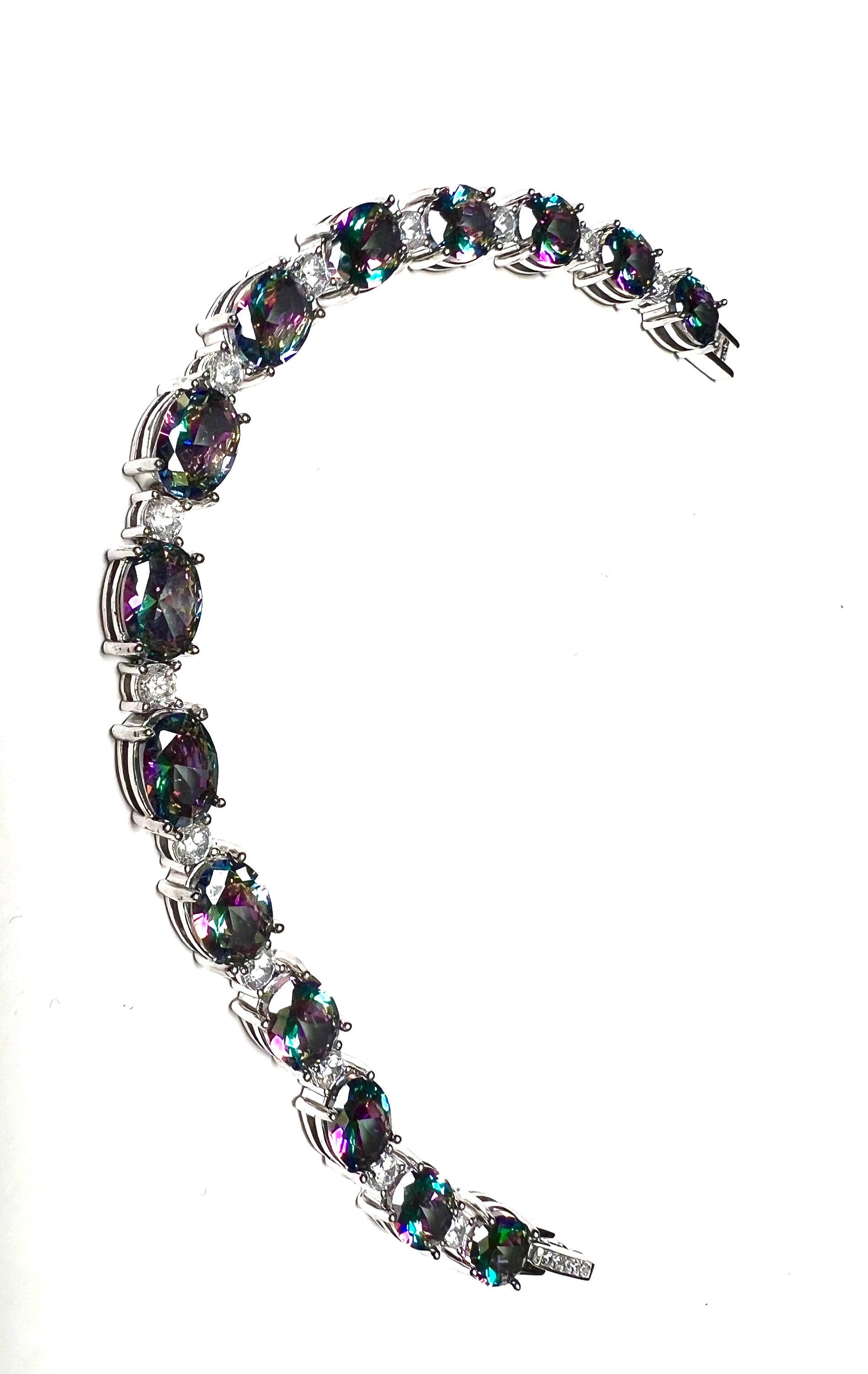 Mystic Topaz Oval shape 6x8mm Prong CZ Diamond 925 Sterling Silver Tennis Bracelet 6.5" January birthstone, holiday best gift 925 stamped