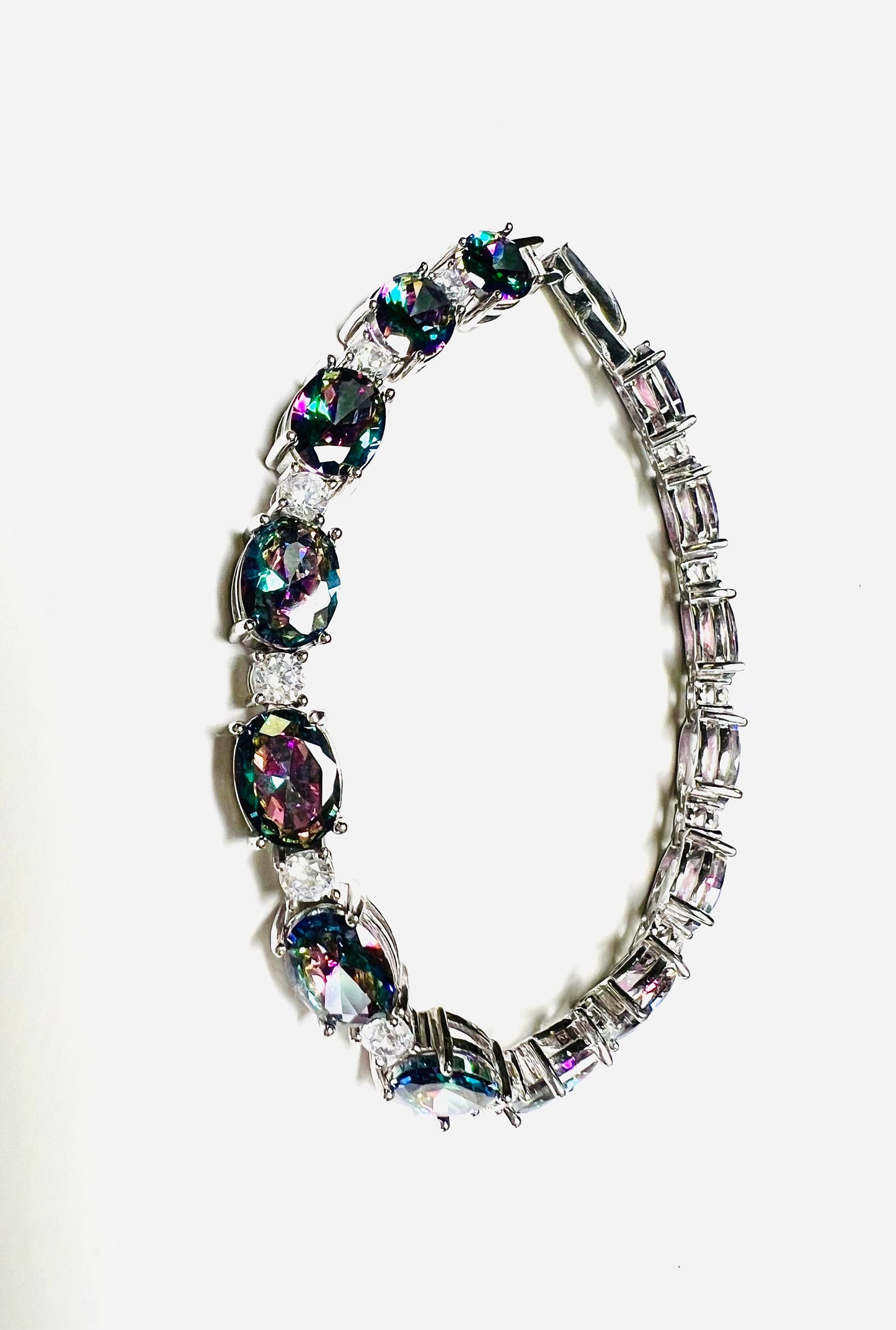 Mystic Topaz Oval shape 6x8mm Prong CZ Diamond 925 Sterling Silver Tennis Bracelet 6.5" January birthstone, holiday best gift 925 stamped