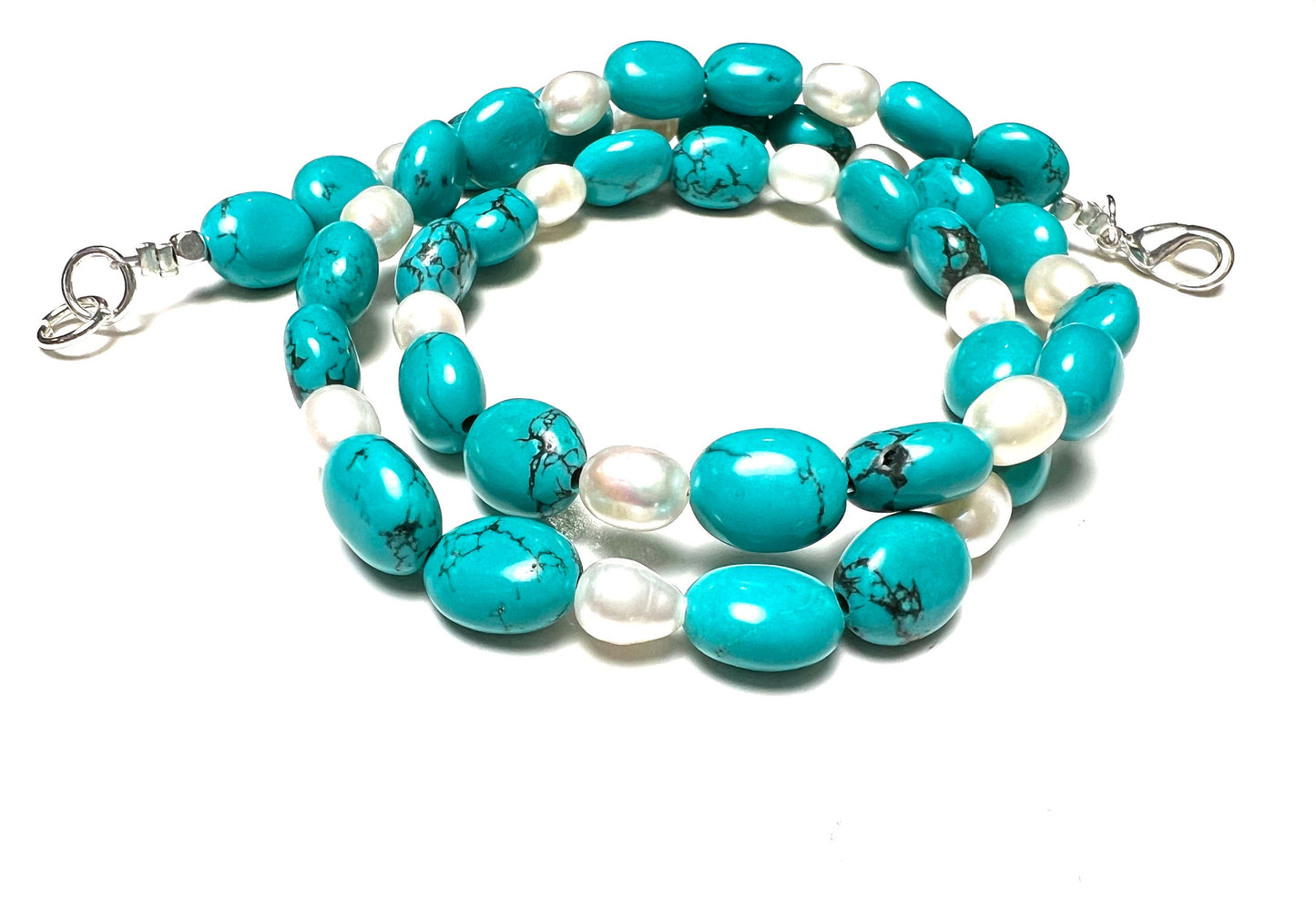 Arizona Blue Turquoise Oval Nugget, Freshwater Pearl Pearl Spacer Silver Necklace