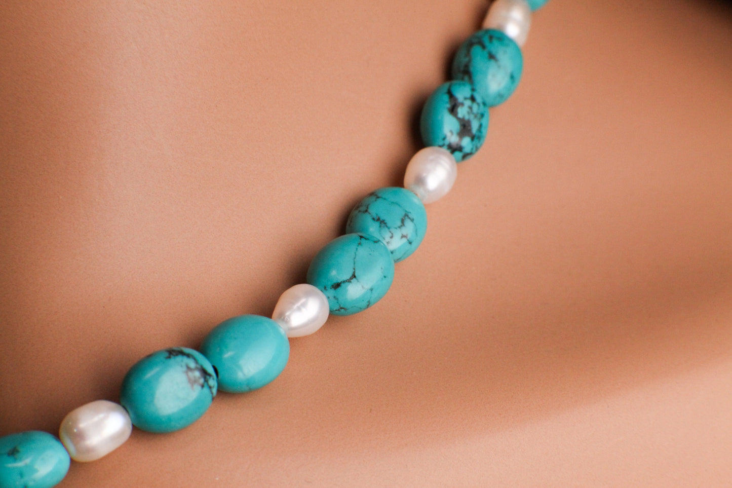 Arizona Blue Turquoise Oval Nugget, Freshwater Pearl Pearl Spacer Silver Necklace