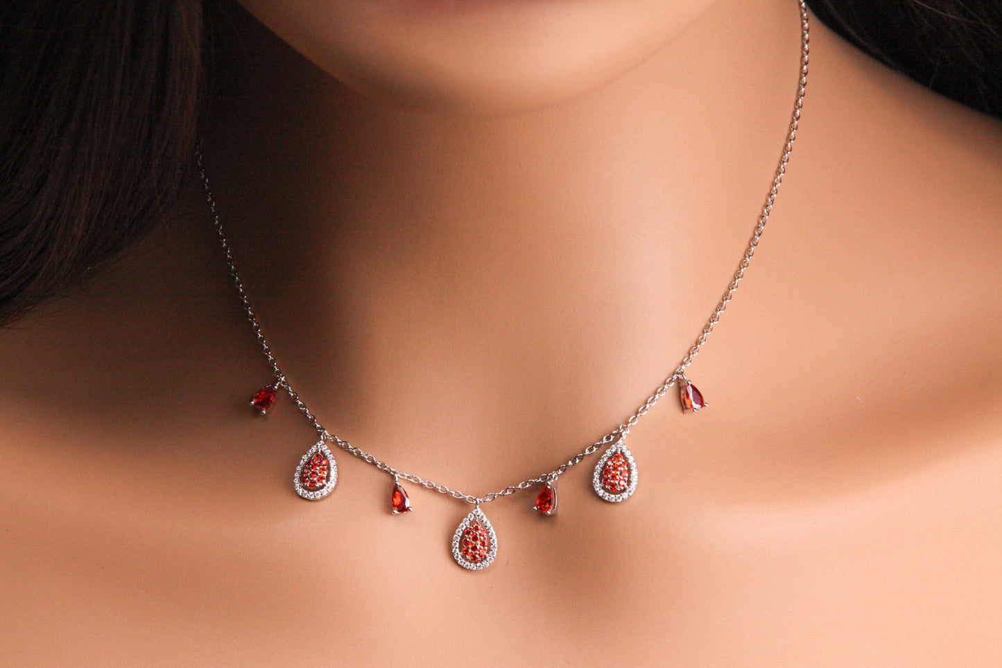 925 Sterling Silver Garnet Teadrop dangling CZ diamond 16" Necklace , 925 stamped, gift for her holiday gift