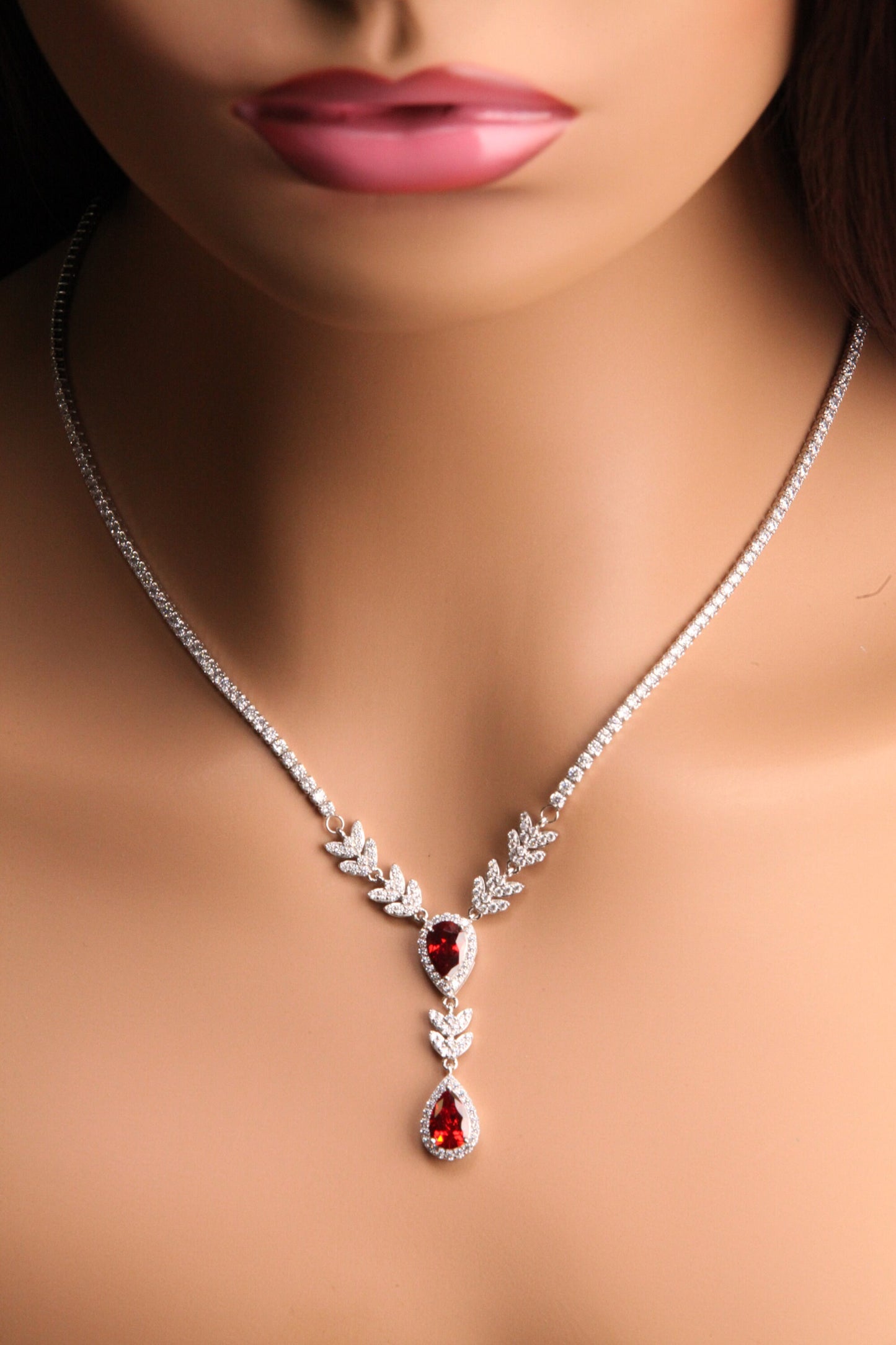 925 Sterling Silver Garnet Teadrop 8x12mm dangling CZ diamond setting tennis chain elegant Y Necklace gift , 925 stamped, gift for her