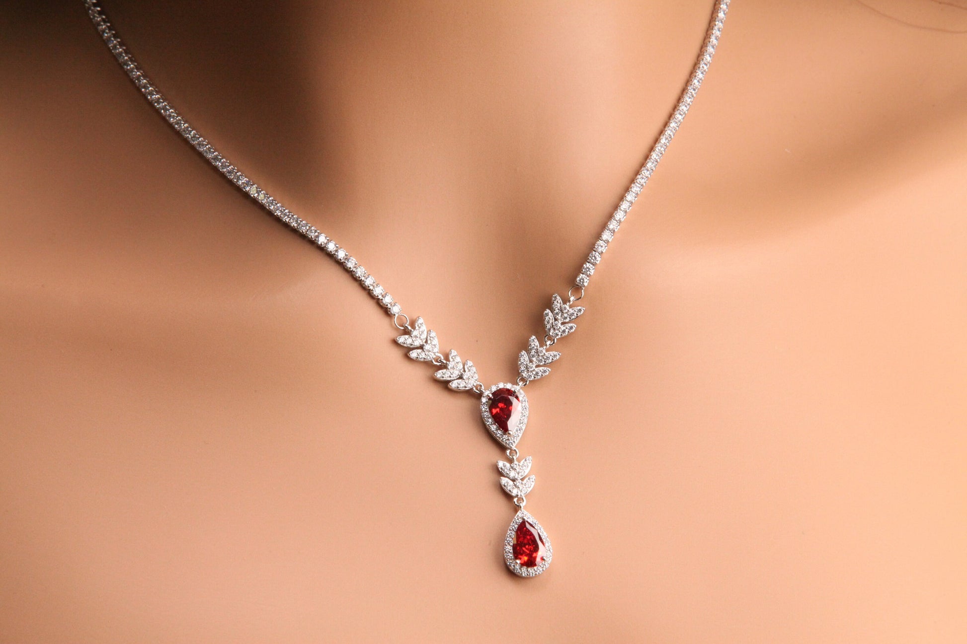 925 Sterling Silver Garnet Teadrop 8x12mm dangling CZ diamond setting tennis chain elegant Y Necklace gift , 925 stamped, gift for her