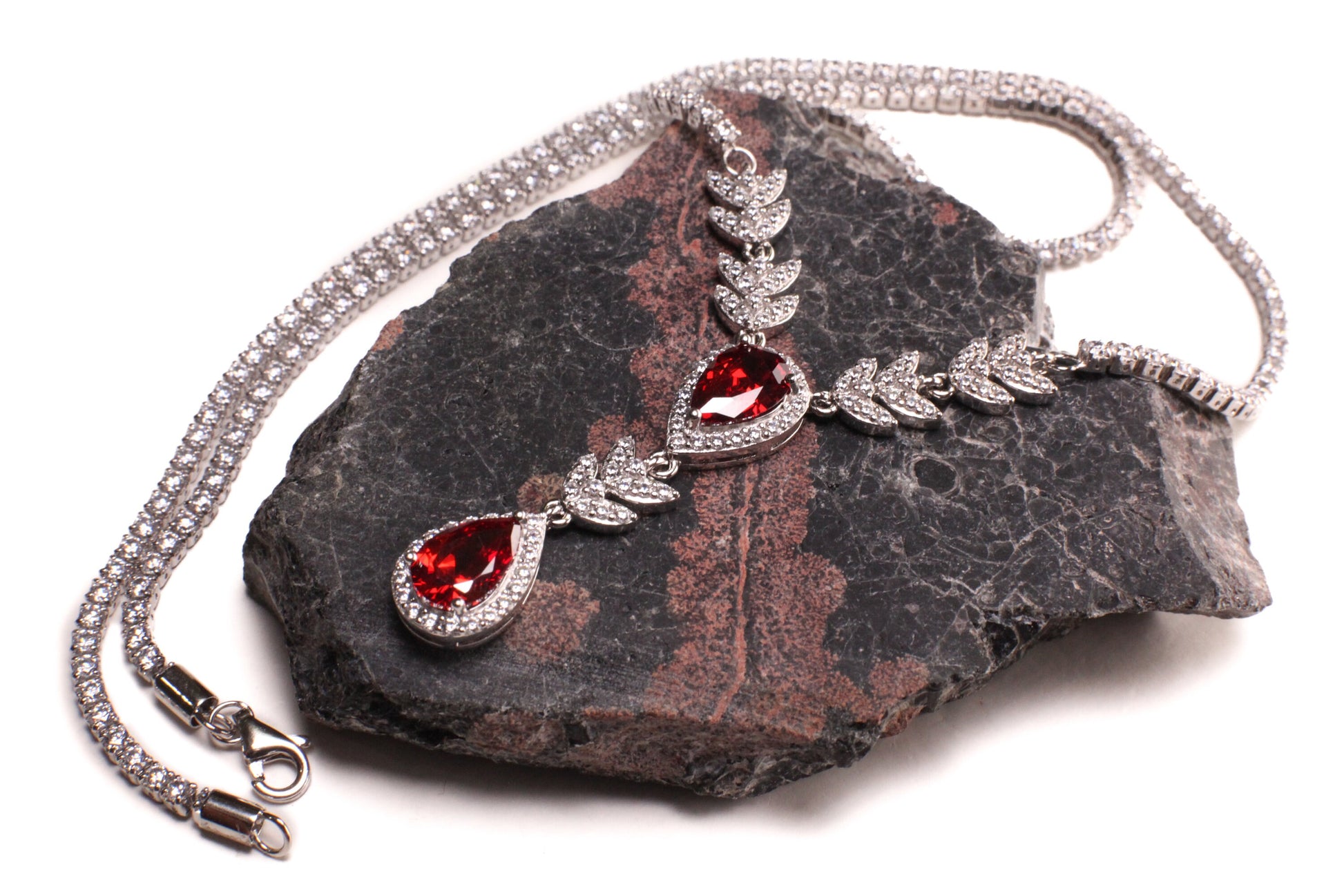 925 Sterling Silver Garnet Teadrop 8x12mm dangling CZ diamond setting tennis chain elegant Y Necklace gift , 925 stamped, gift for her