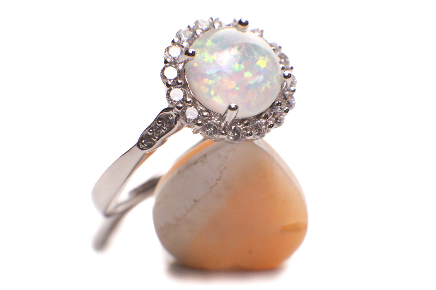 Ethiopian Fire Opal, Welo Opal 7mm round CZ diamond 925 Sterling Silver ring AAA Fiery Opal Elegant Ring valentines gift, 925 stamp