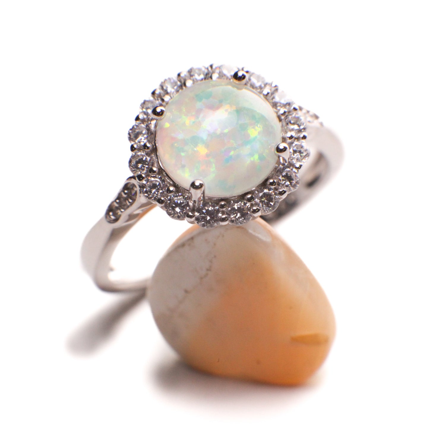 Ethiopian Fire Opal, Welo Opal 7mm round CZ diamond 925 Sterling Silver ring AAA Fiery Opal Elegant Ring valentines gift, 925 stamp