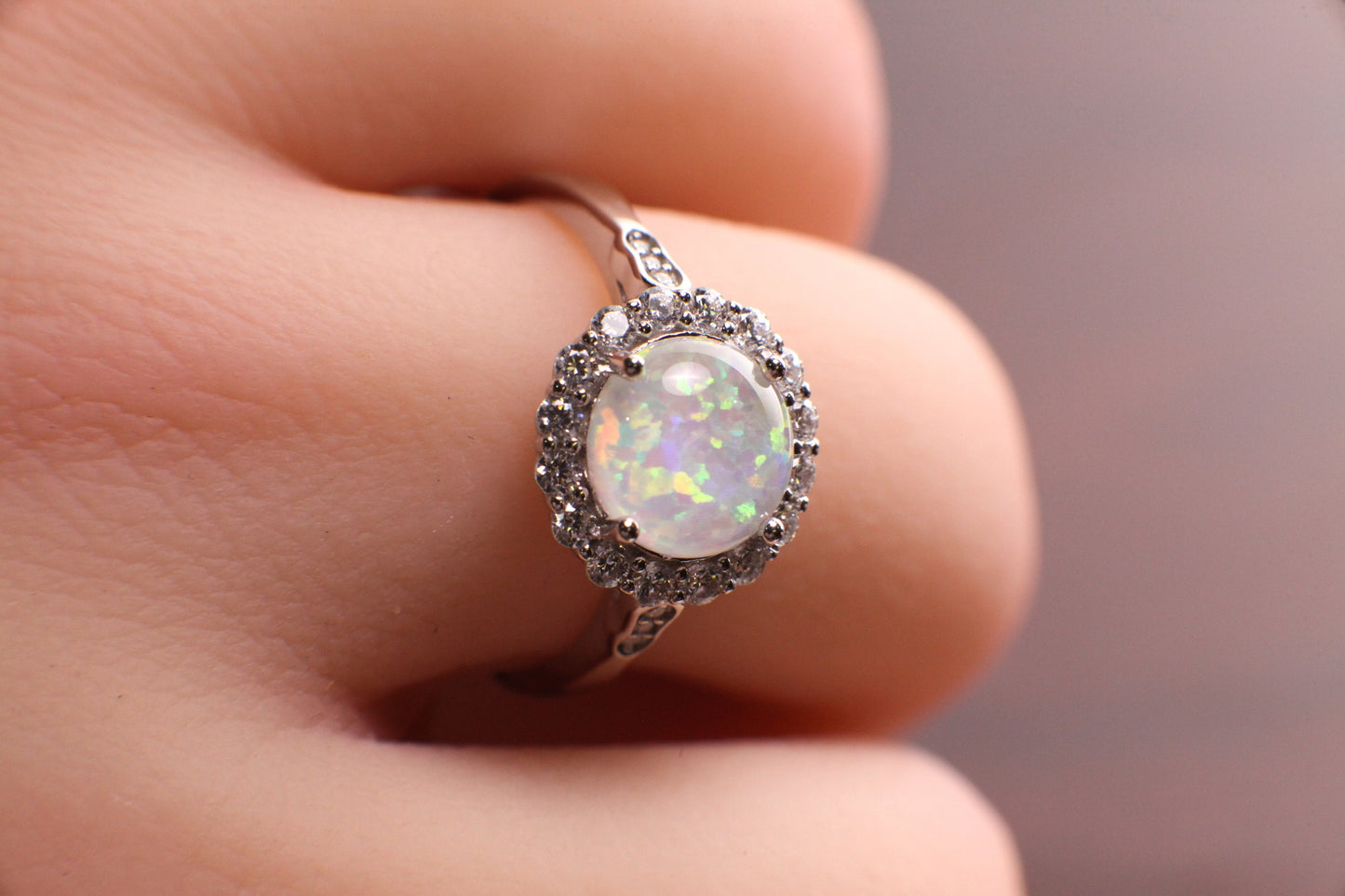 Ethiopian Fire Opal, Welo Opal 7mm round CZ diamond 925 Sterling Silver ring AAA Fiery Opal Elegant Ring valentines gift, 925 stamp