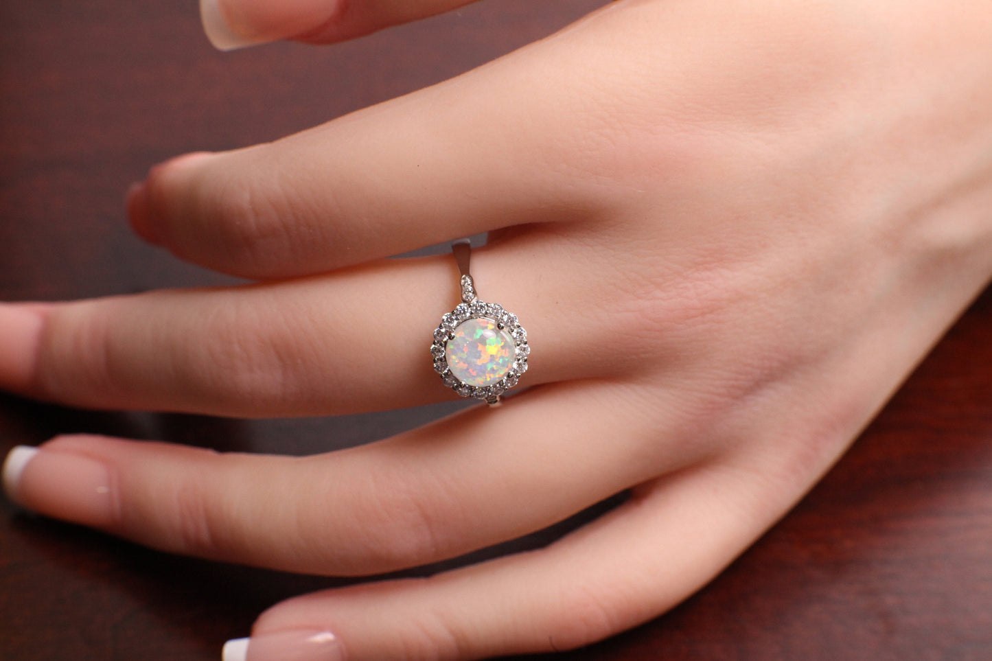 Ethiopian Fire Opal, Welo Opal 7mm round CZ diamond 925 Sterling Silver ring AAA Fiery Opal Elegant Ring valentines gift, 925 stamp