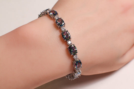 Mystic Topaz Oval shape 6x8mm Prong CZ Diamond 925 Sterling Silver Tennis Bracelet 6.5" November birthstone, holiday best gift 925 stamped