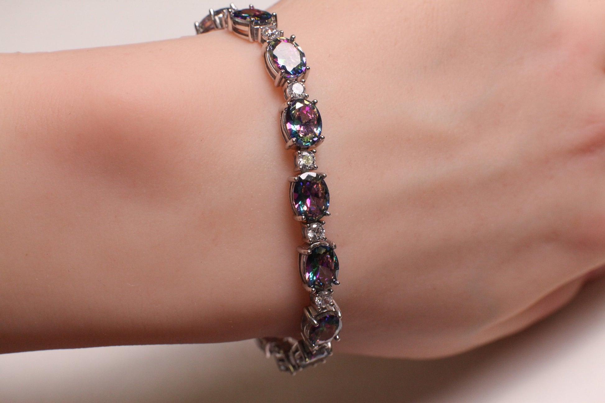 Mystic Topaz Oval shape 6x8mm Prong CZ Diamond 925 Sterling Silver Tennis Bracelet 6.5" November birthstone, holiday best gift 925 stamped