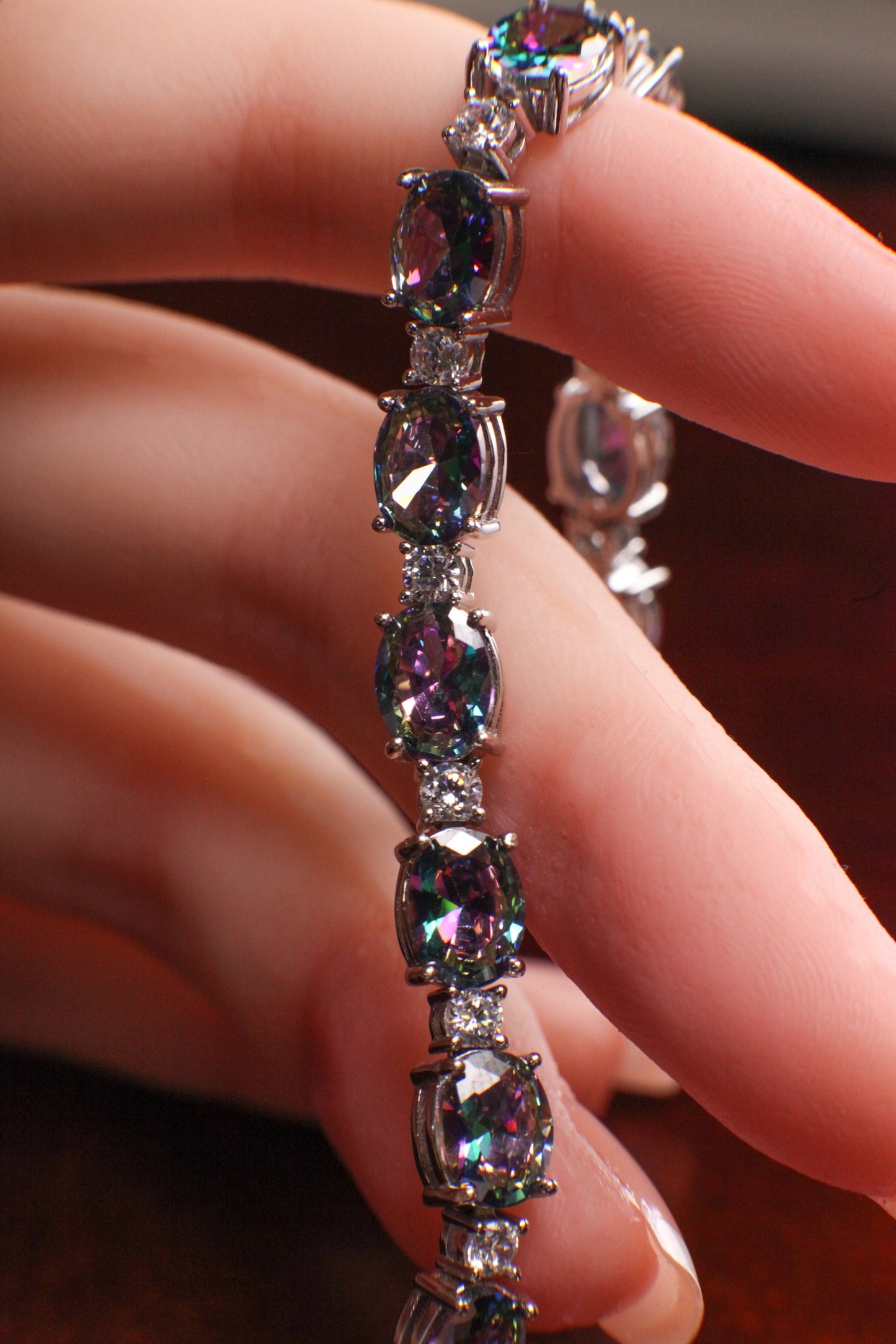 Mystic Topaz Oval shape 6x8mm Prong CZ Diamond 925 Sterling Silver Tennis Bracelet 6.5" November birthstone, holiday best gift 925 stamped