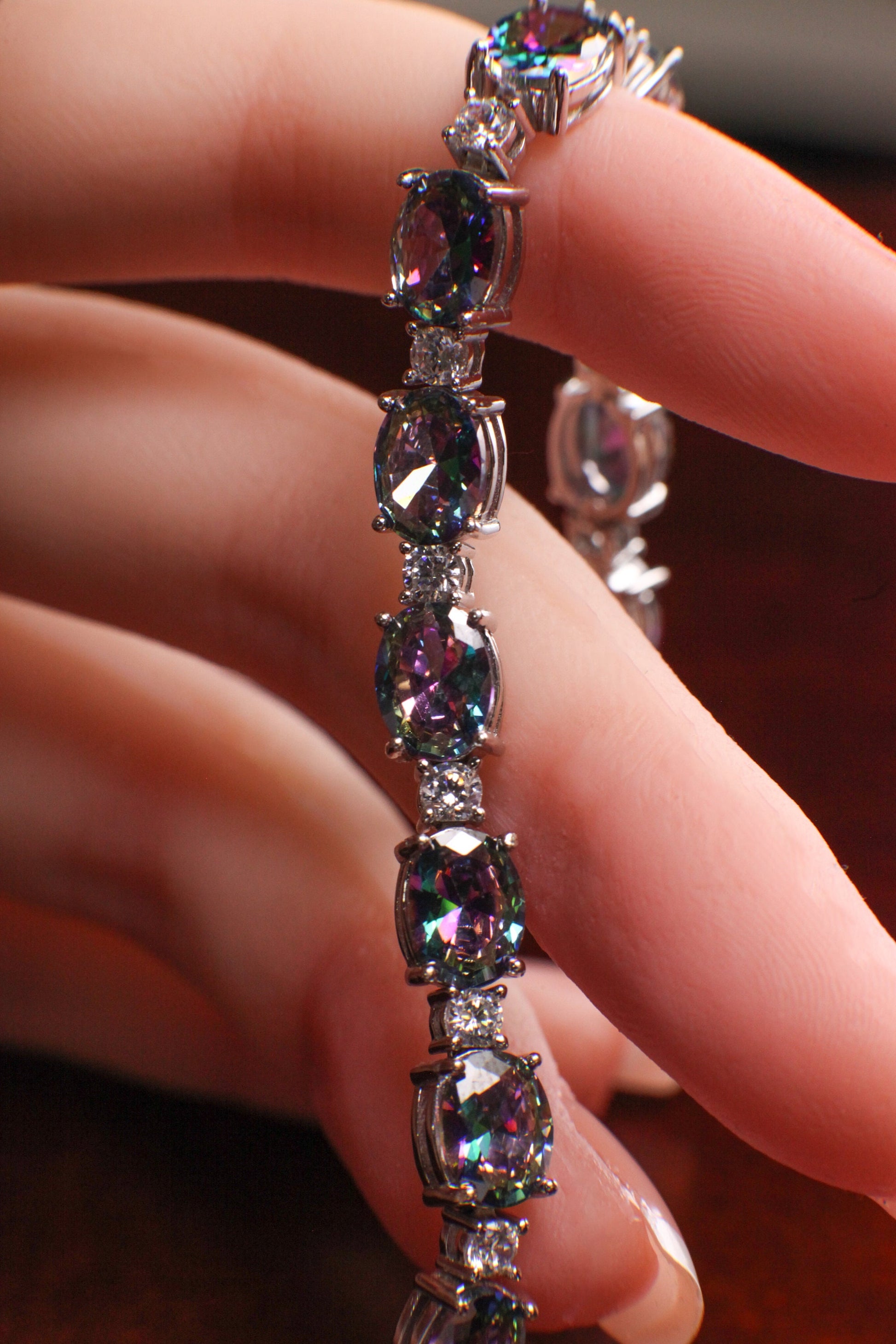 Mystic Topaz Oval shape 6x8mm Prong CZ Diamond 925 Sterling Silver Tennis Bracelet 6.5" November birthstone, holiday best gift 925 stamped