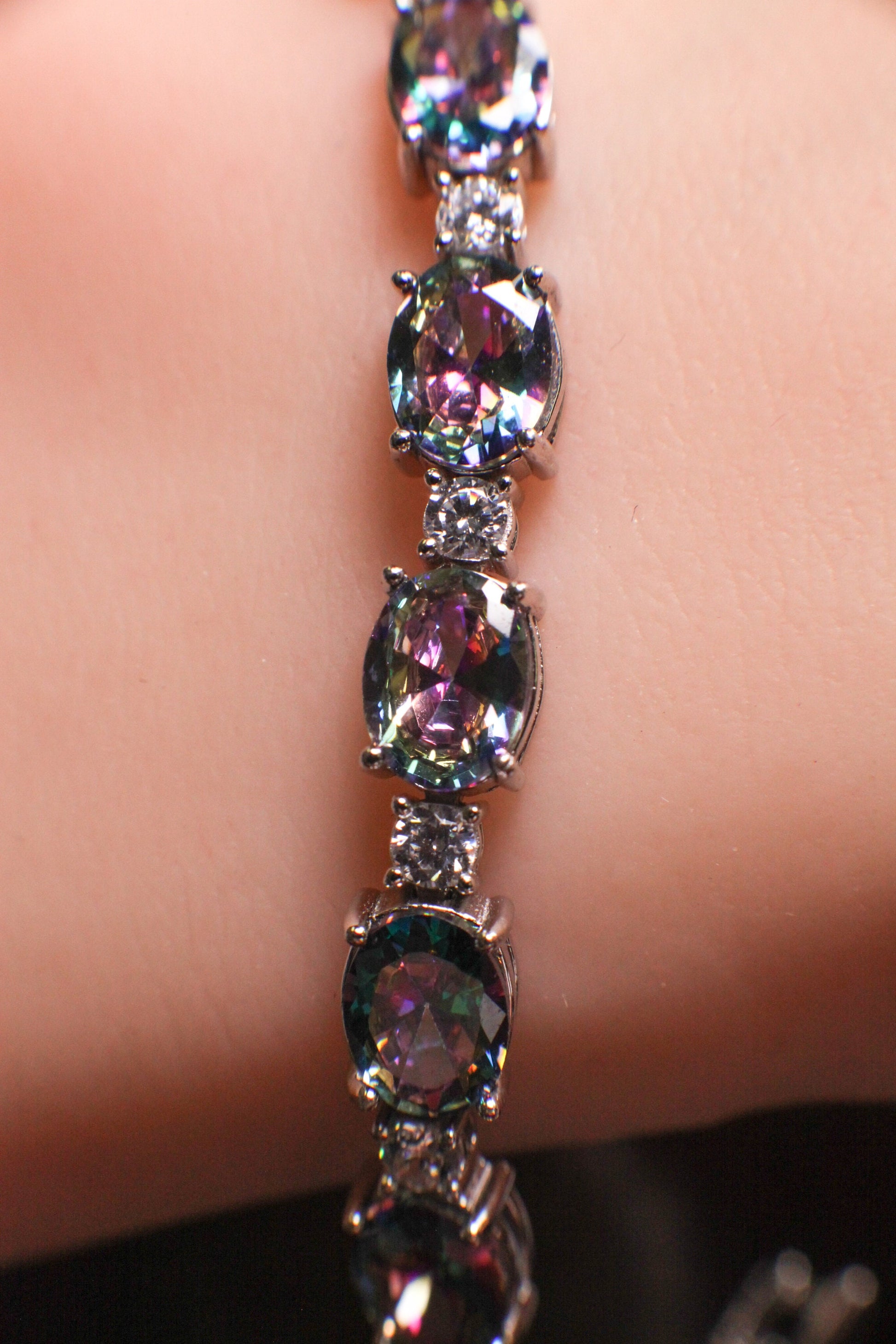 Mystic Topaz Oval shape 6x8mm Prong CZ Diamond 925 Sterling Silver Tennis Bracelet 6.5" November birthstone, holiday best gift 925 stamped