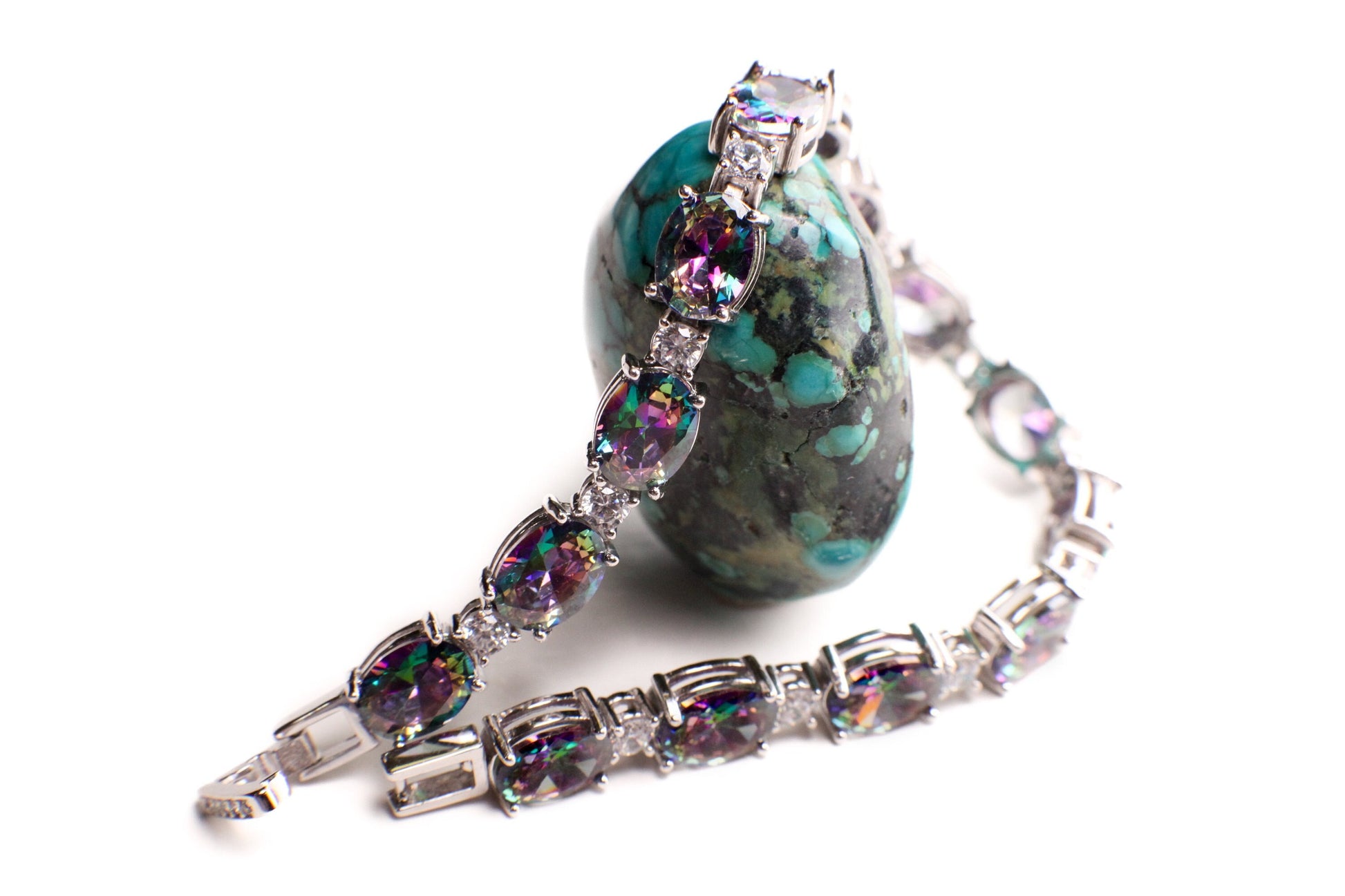 Mystic Topaz Oval shape 6x8mm Prong CZ Diamond 925 Sterling Silver Tennis Bracelet 6.5" November birthstone, holiday best gift 925 stamped