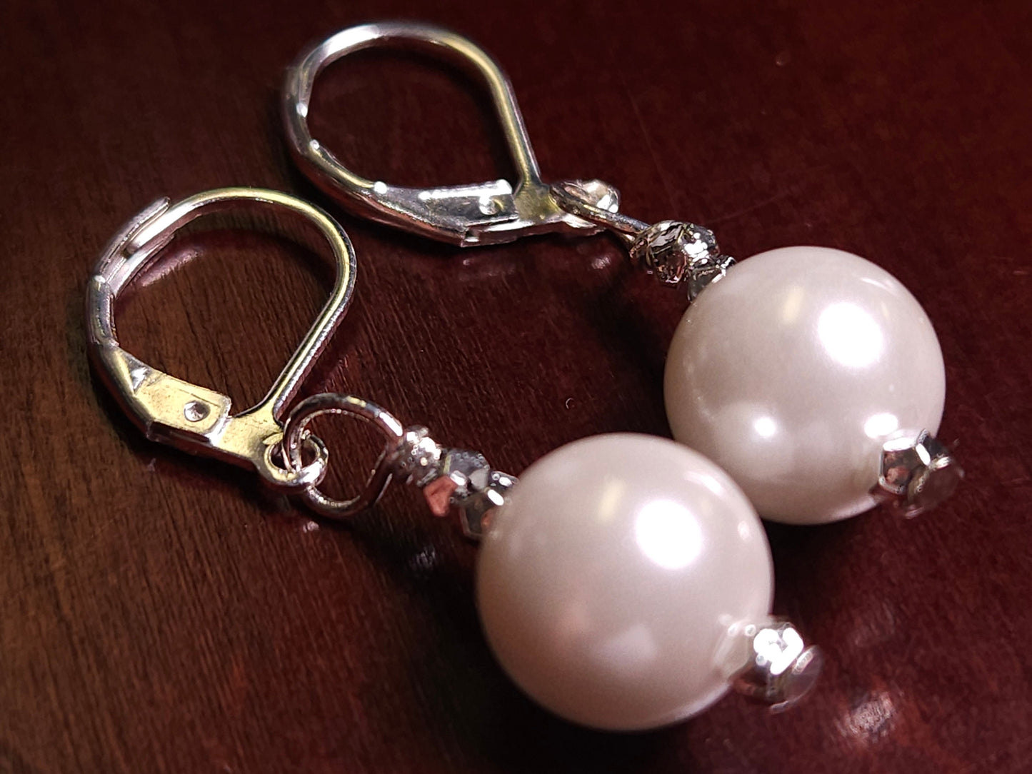 White South SeaShell Pearl 10mm round silver Leverback Earrings, simple minimalist Bridal.