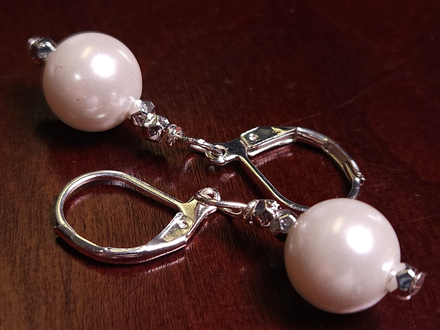 White South SeaShell Pearl 10mm round silver Leverback Earrings, simple minimalist Bridal.