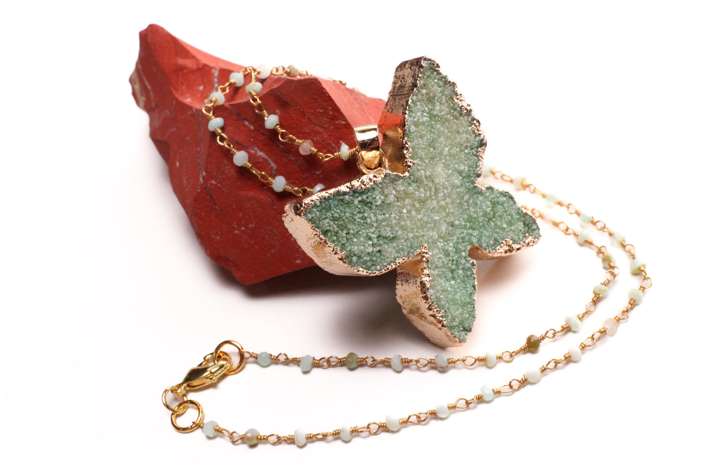 Butterfly Green Druzy Geode Agate gold bezel with Peruvian opal rosary chain necklace. Natural gemstone handmade gift