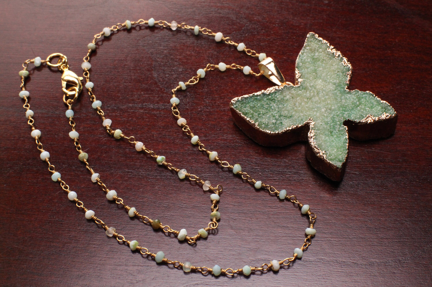 Butterfly Green Druzy Geode Agate gold bezel with Peruvian opal rosary chain necklace. Natural gemstone handmade gift