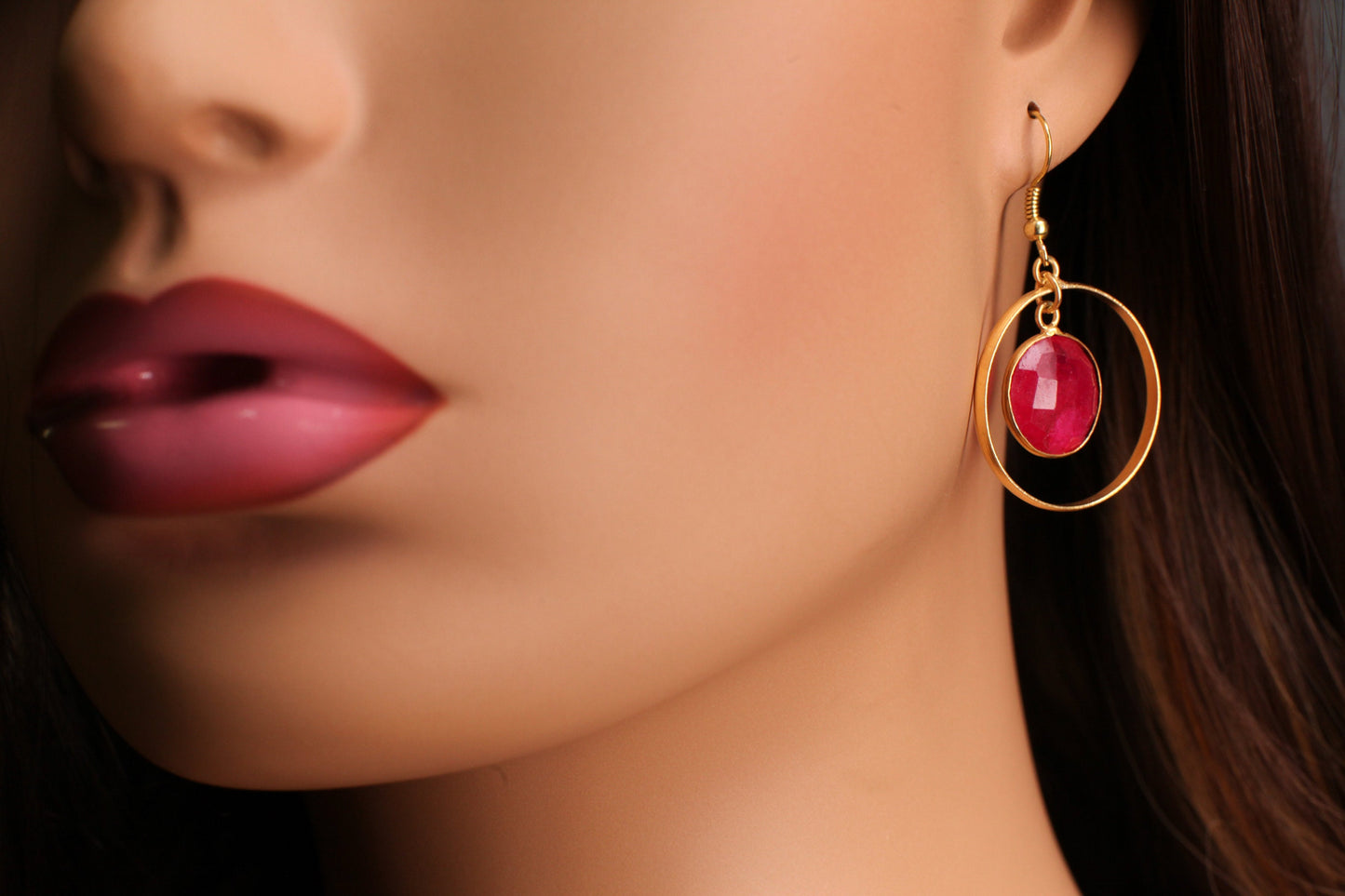 Pink Ruby Bezel 22K Gold Vermeil Circle Hoop Earrings, Minimalist, Boho