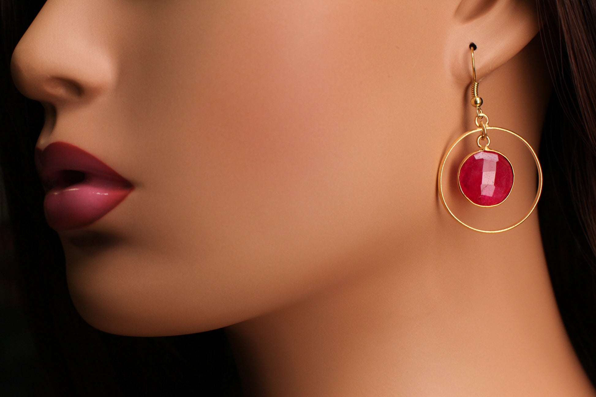 Pink Ruby Bezel 22K Gold Vermeil Circle Hoop Earrings, Minimalist, Boho