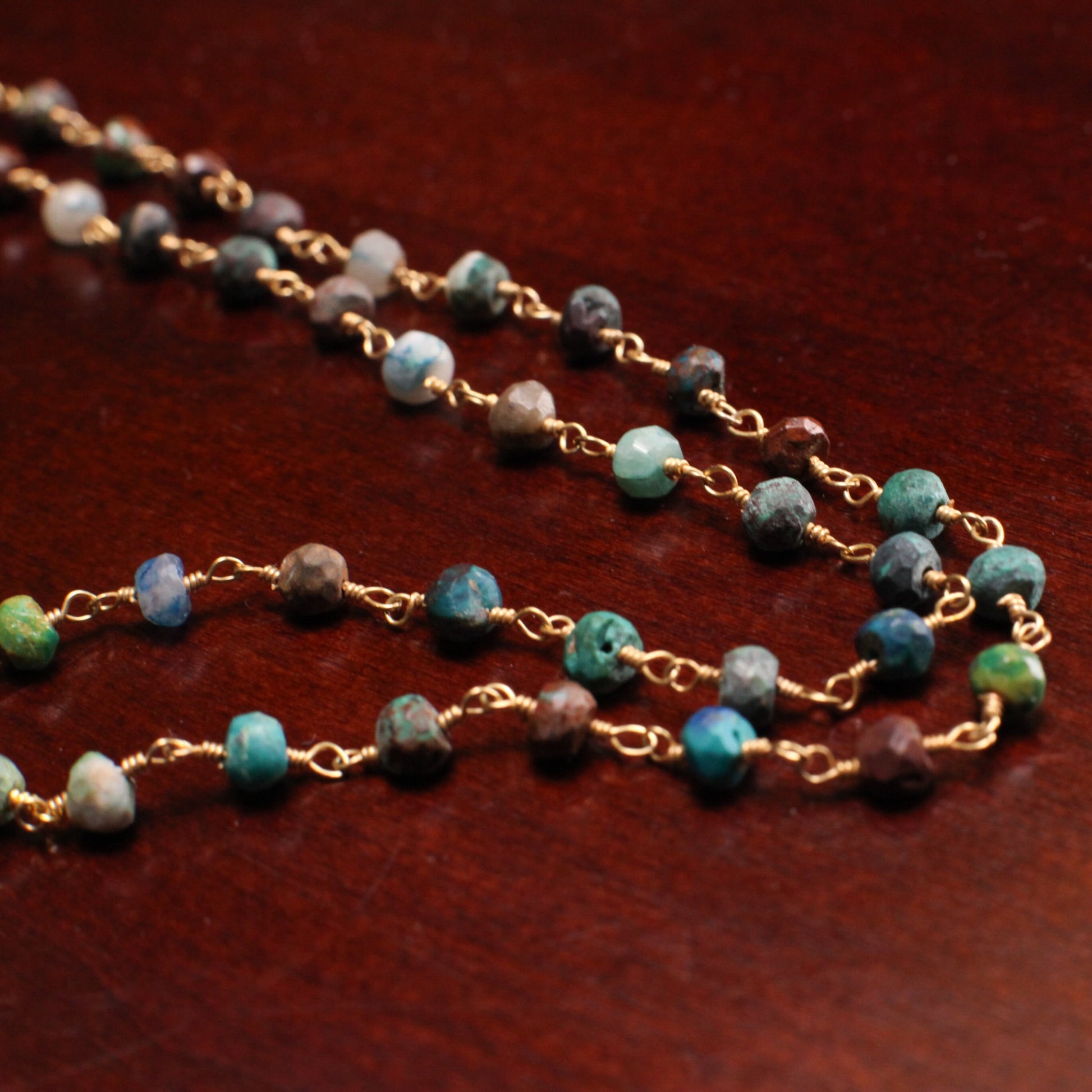 Natural Chrysocolla 4.5mm faceted roundel wire wrapped rosary gold chain Necklace