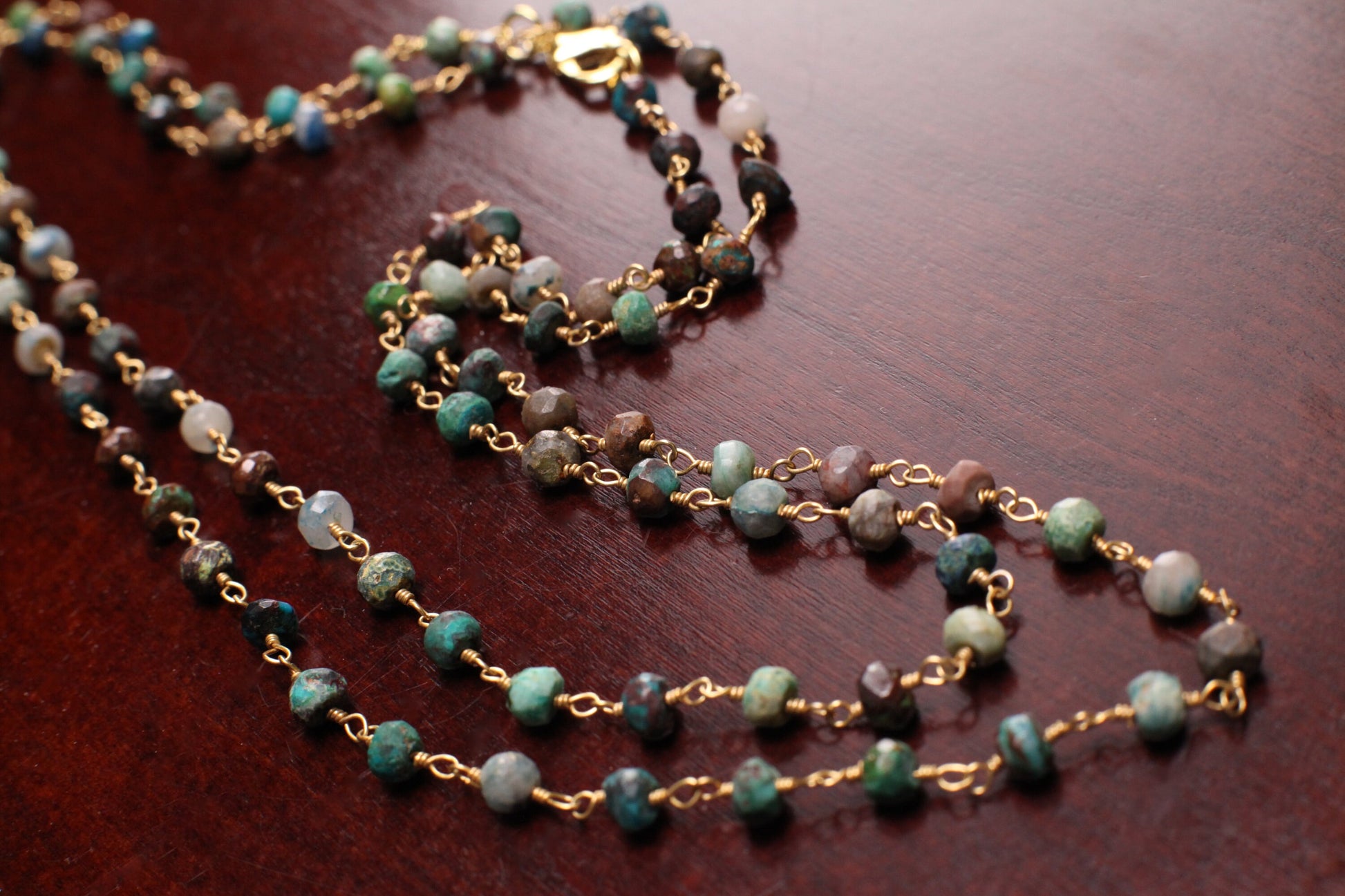 Natural Chrysocolla 4.5mm faceted roundel wire wrapped rosary gold chain Necklace