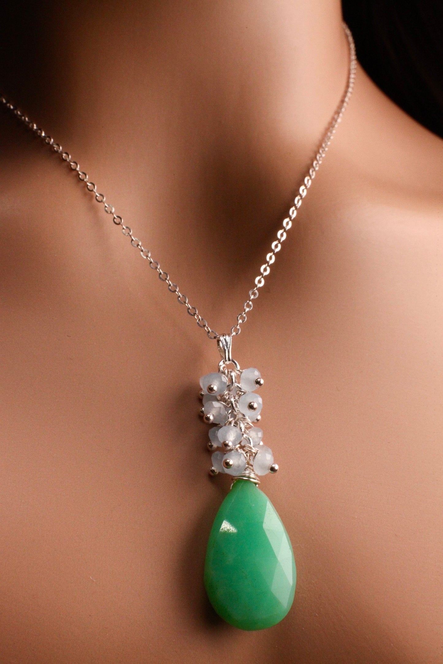 Natural Chrysoprase large Teardrop 16x26mm dangling with Aquamarine clusters 925 Sterling Silver elegant necklace. Rare one of a kind drop