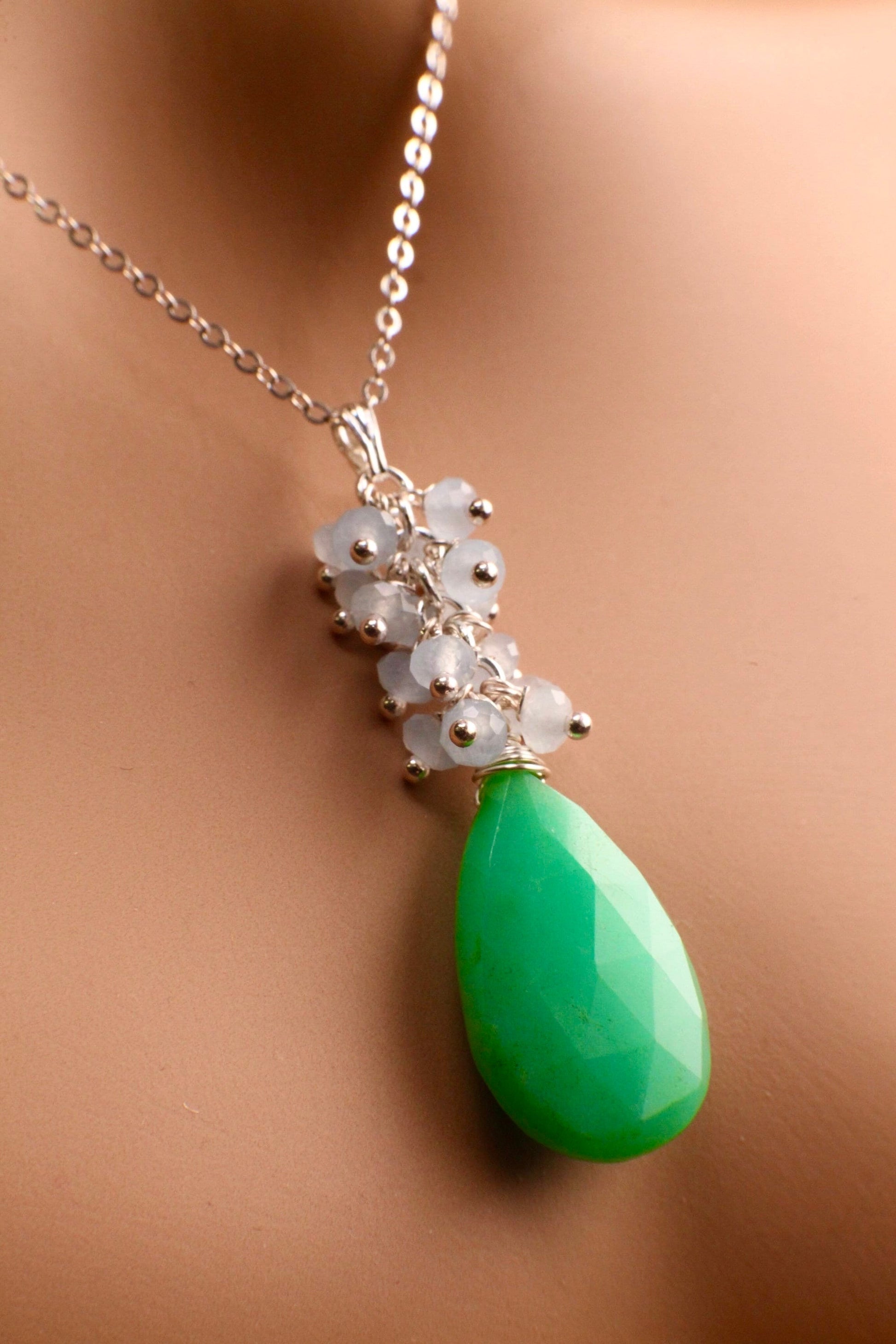 Natural Chrysoprase large Teardrop 16x26mm dangling with Aquamarine clusters 925 Sterling Silver elegant necklace. Rare one of a kind drop