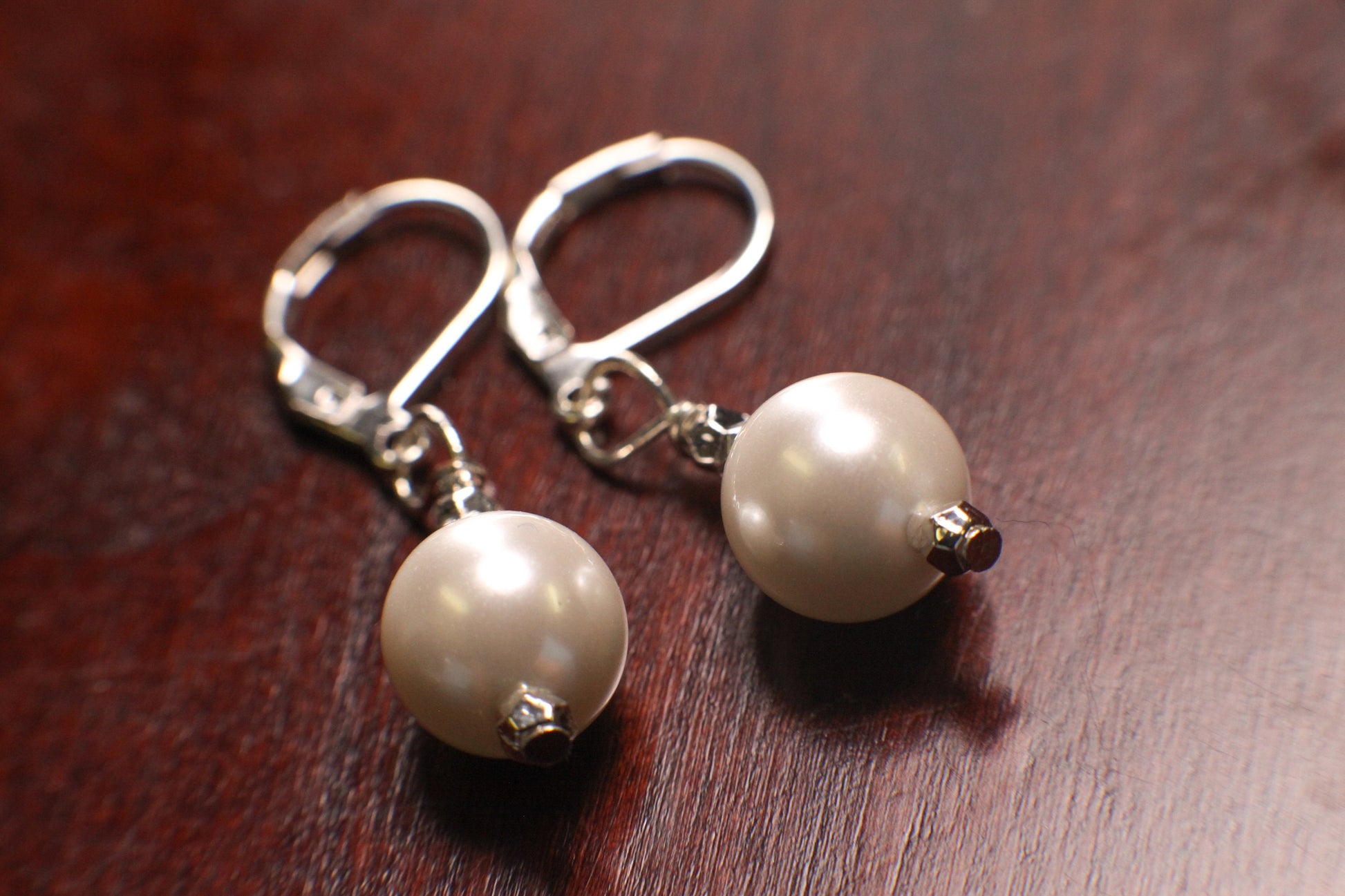 White South SeaShell Pearl 10mm round silver Leverback Earrings, simple minimalist Bridal.