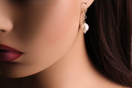 White South SeaShell Pearl 10mm round silver Leverback Earrings, simple minimalist Bridal.