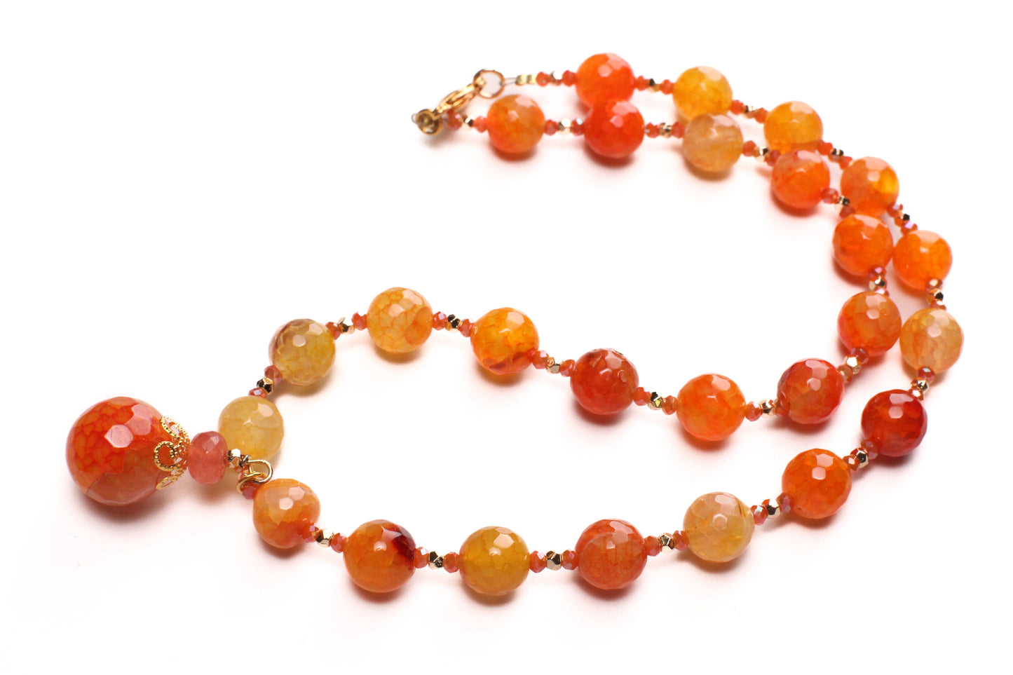 Orange Fire Agate 10mm Round Bead with 16mm Pendant Drop Gemstones Necklace