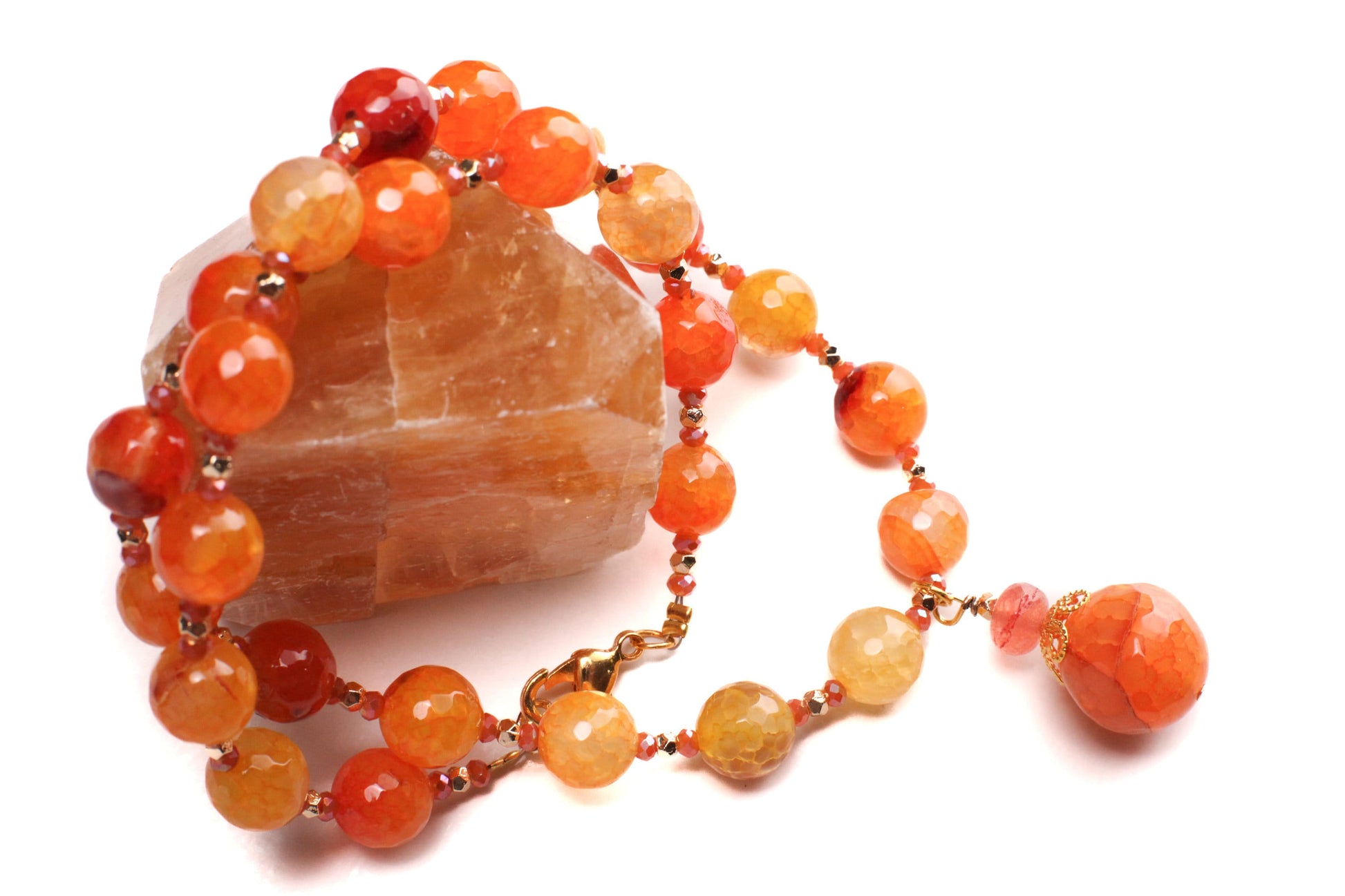 Orange Fire Agate 10mm Round Bead with 16mm Pendant Drop Gemstones Necklace