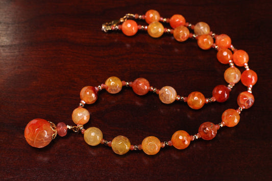 Orange Fire Agate 10mm Round Bead with 16mm Pendant Drop Gemstones Necklace