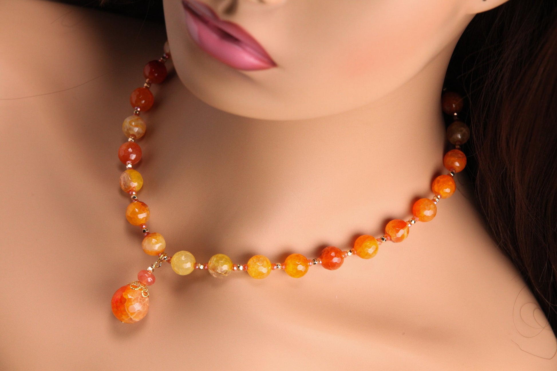 Orange Fire Agate 10mm Round Bead with 16mm Pendant Drop Gemstones Necklace