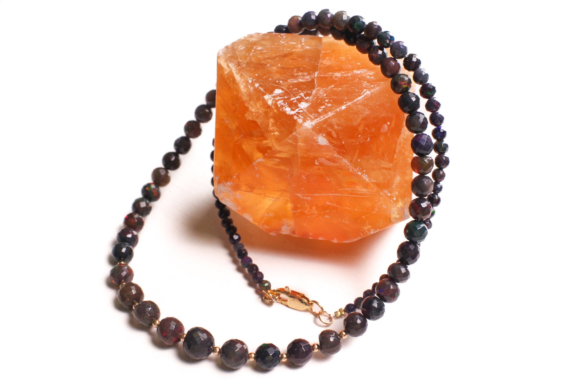 Natural Black Ethiopian Welo Fire Opal Faceted Round 3-7mm Graduated Necklace. 14K Gold Filled Necklace