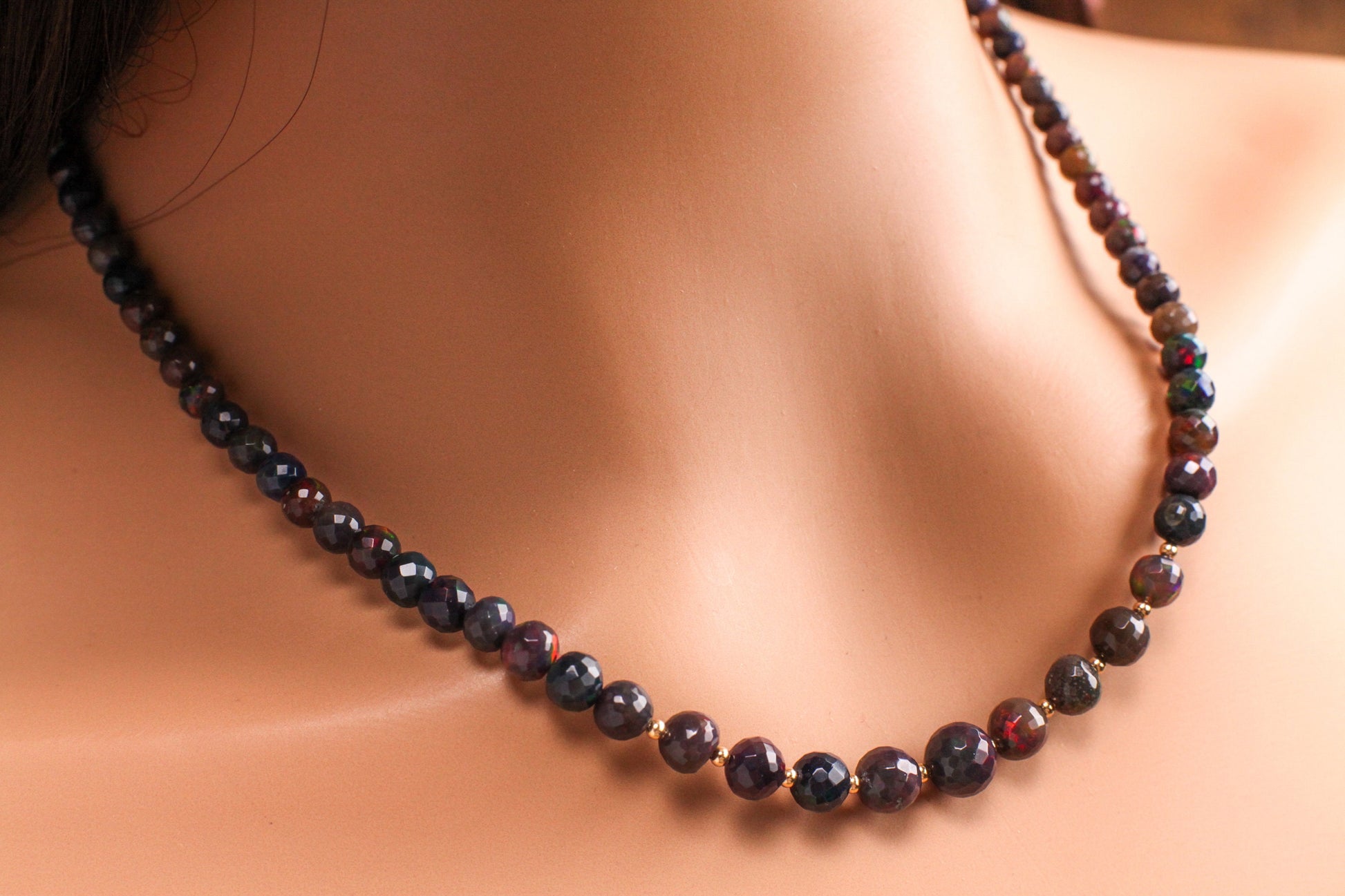 Natural Black Ethiopian Welo Fire Opal Faceted Round 3-7mm Graduated Necklace. 14K Gold Filled Necklace